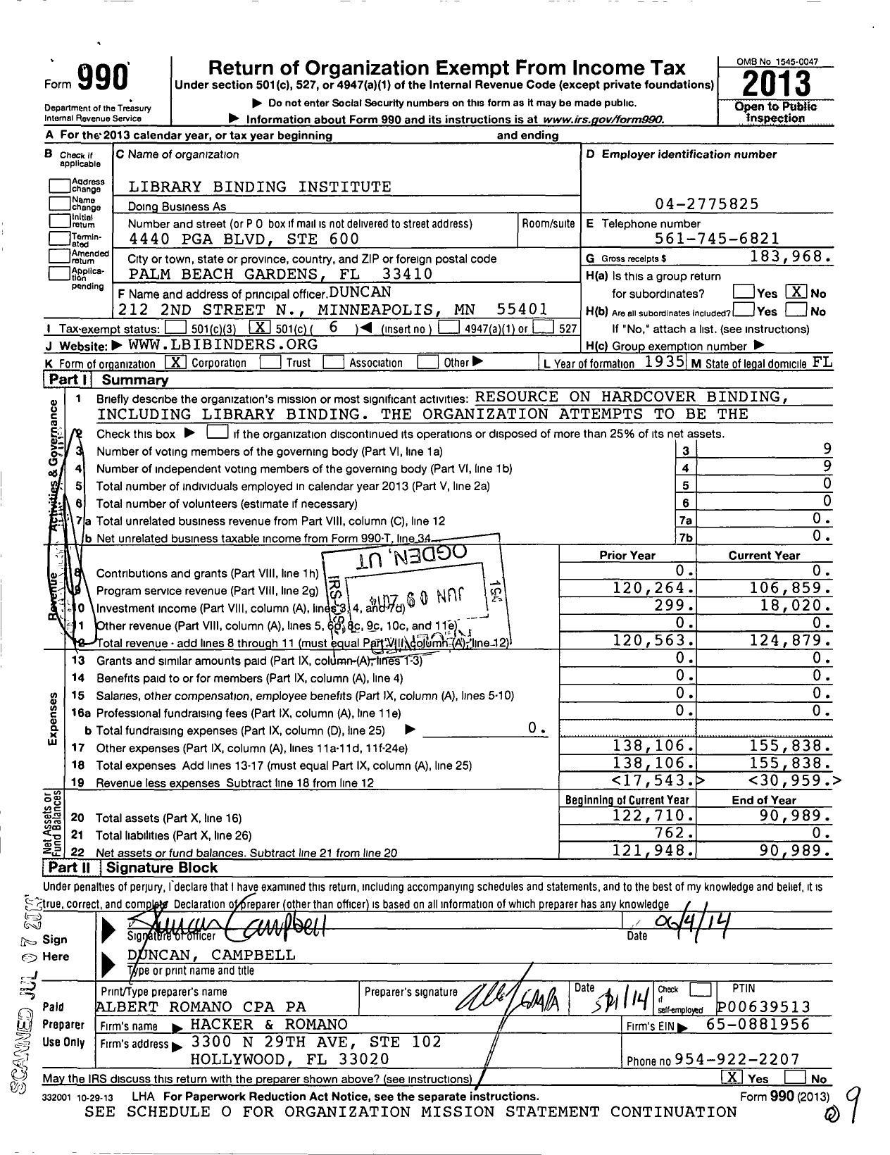 Image of first page of 2013 Form 990O for Library Binding Institute