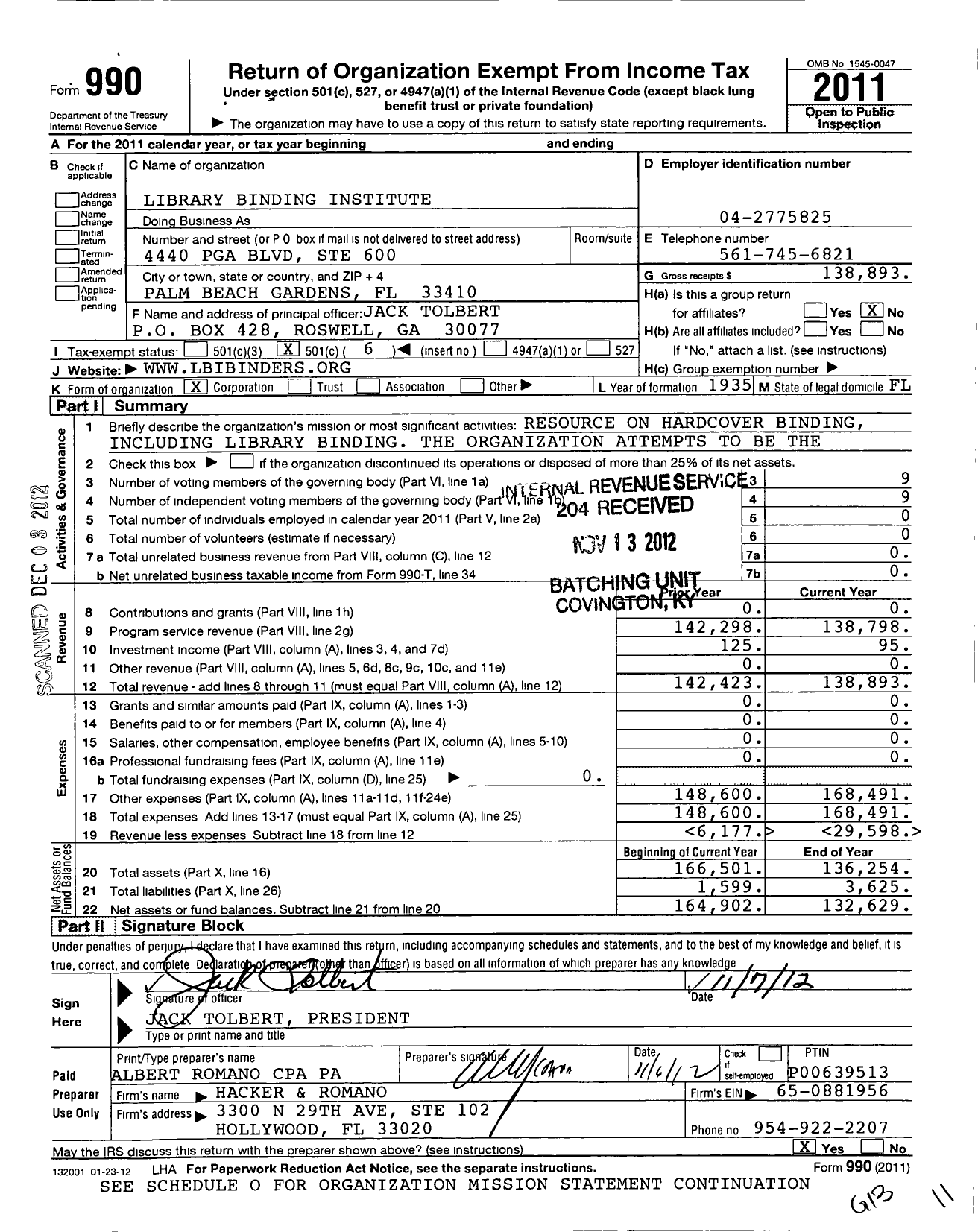 Image of first page of 2011 Form 990O for Library Binding Institute