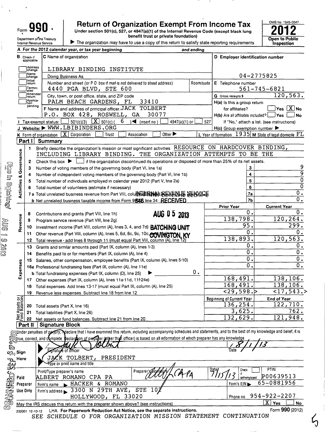 Image of first page of 2012 Form 990O for Library Binding Institute