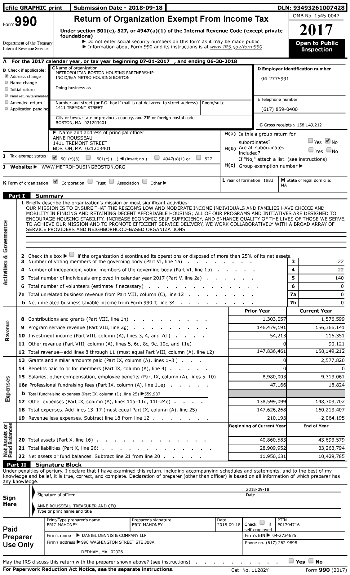 Image of first page of 2017 Form 990 for Metro Housing Boston (MBHP)