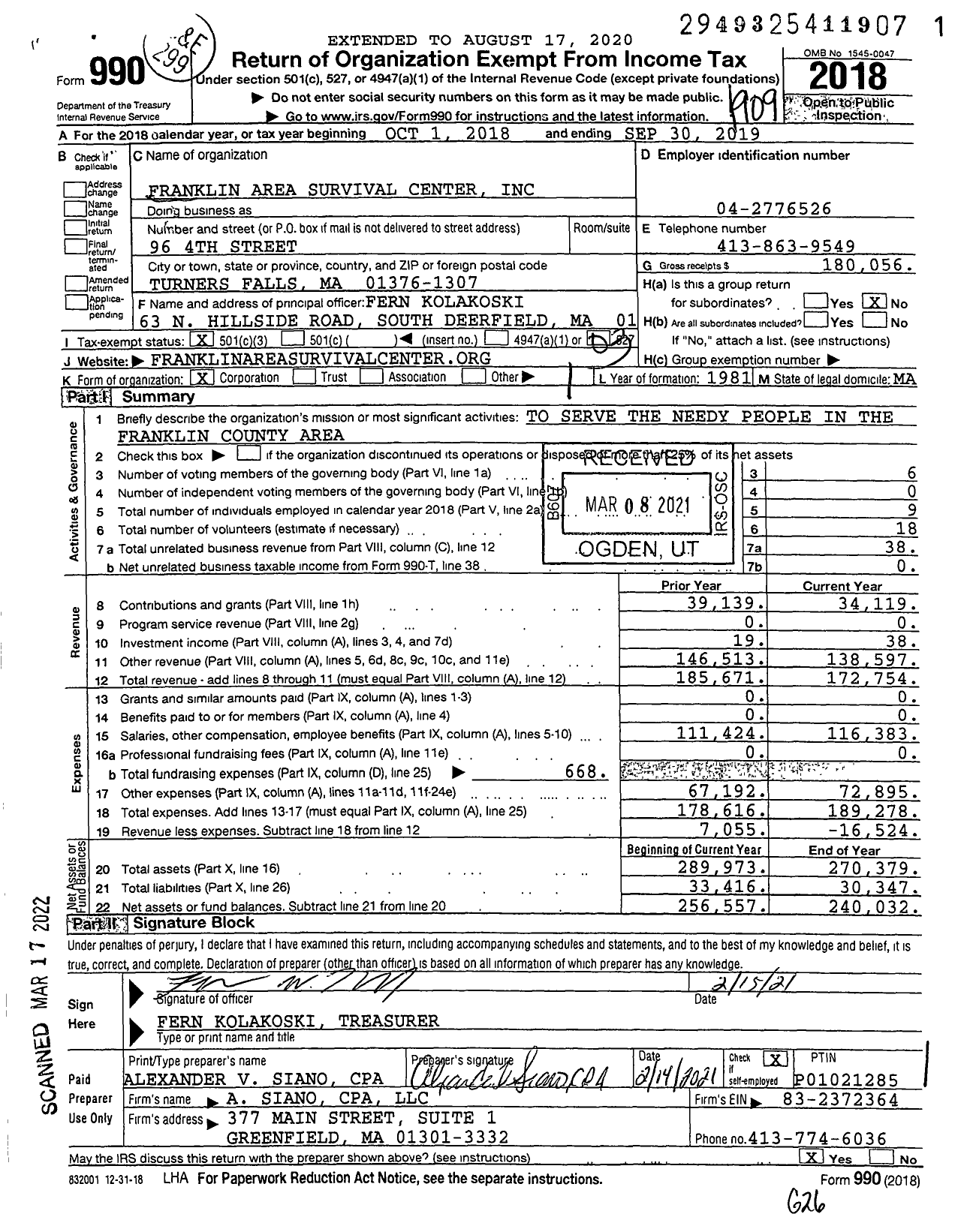 Image of first page of 2018 Form 990 for Franklin Area Survival Center