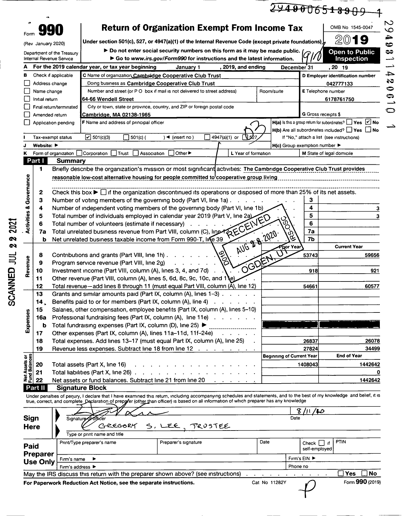 Image of first page of 2019 Form 990 for Cambridge Cooperative Club Trust