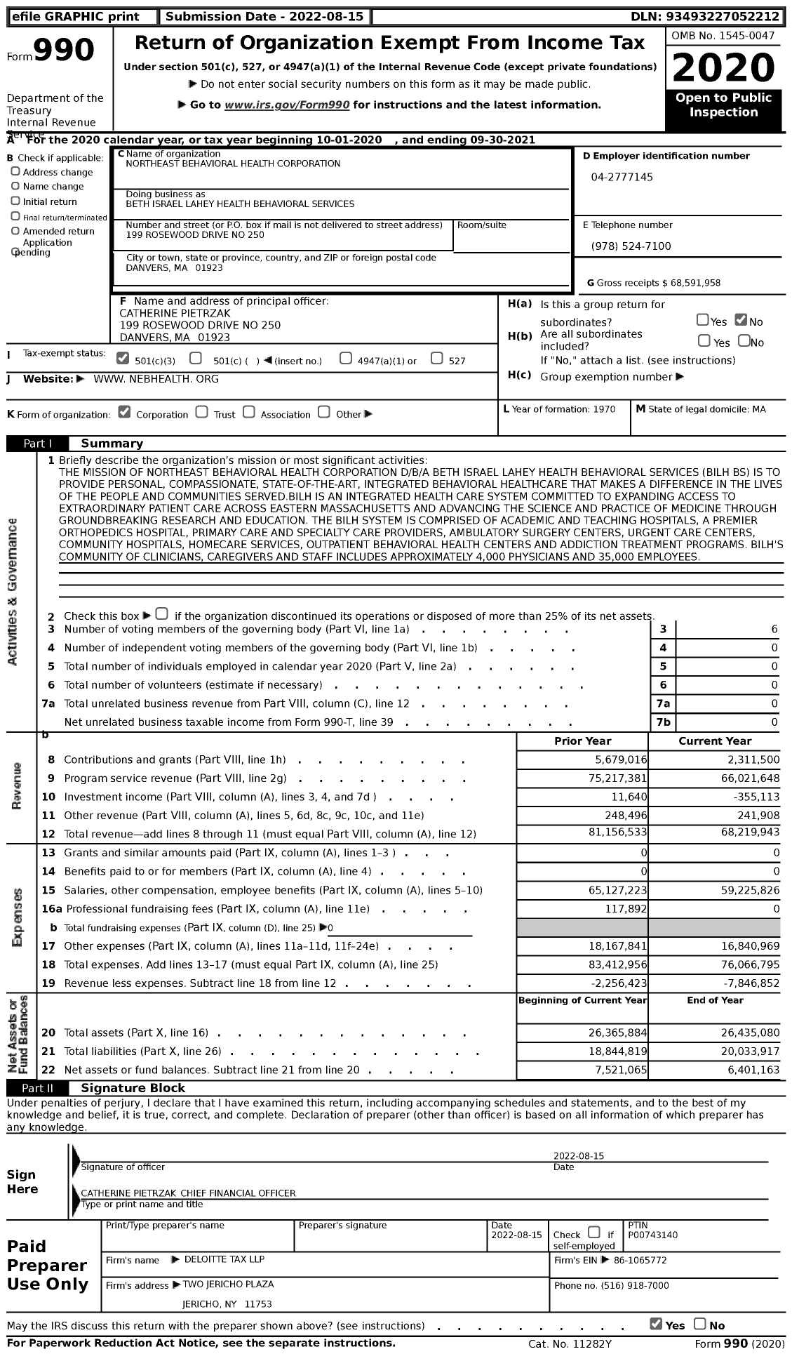 Image of first page of 2020 Form 990 for Beth Israel Lahey Health Behavioral Services