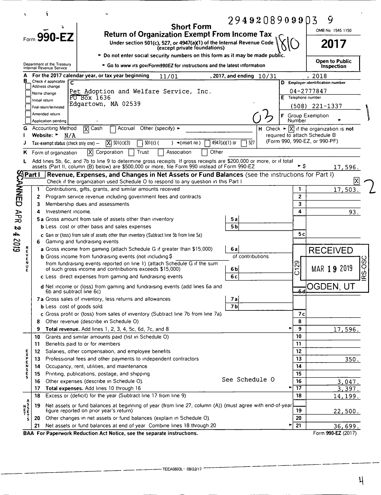 Image of first page of 2017 Form 990EZ for Pet Adoption and Welfare Service