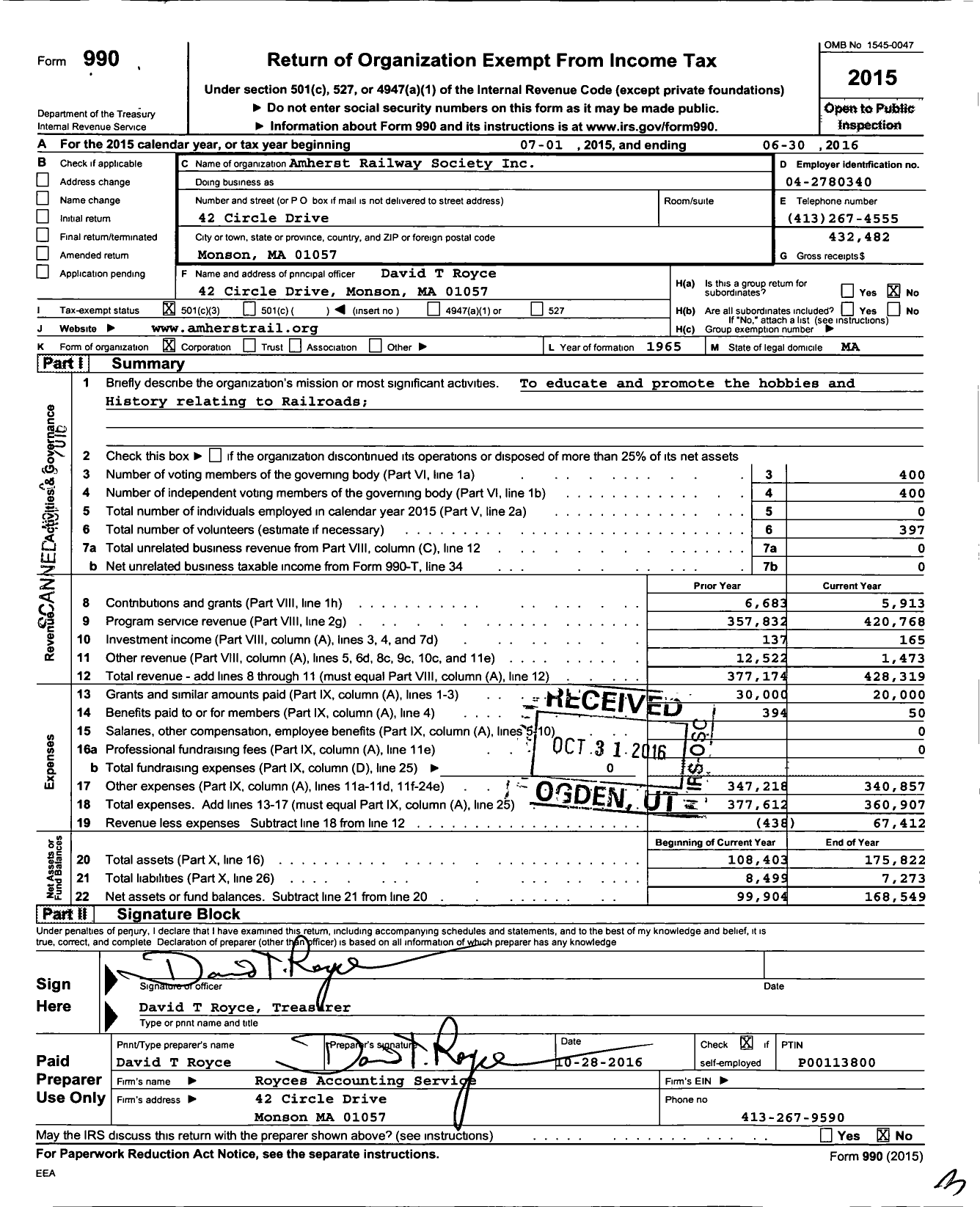 Image of first page of 2015 Form 990 for Amherst Railway Society