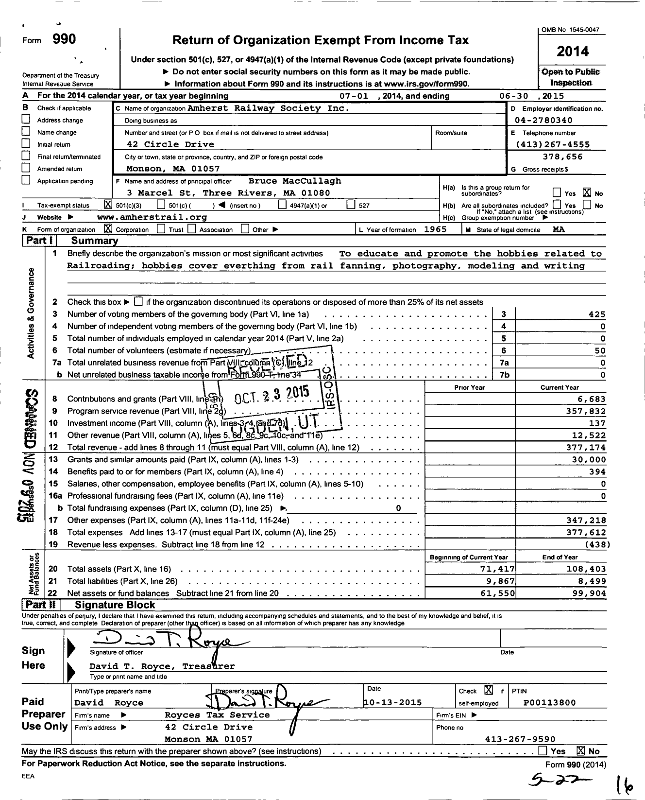 Image of first page of 2014 Form 990 for Amherst Railway Society