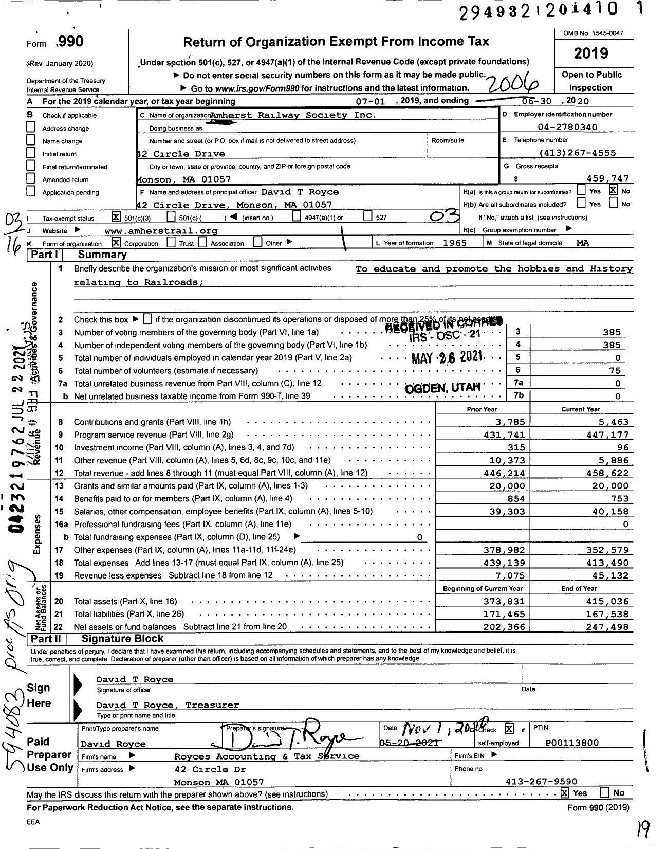 Image of first page of 2019 Form 990 for Amherst Railway Society