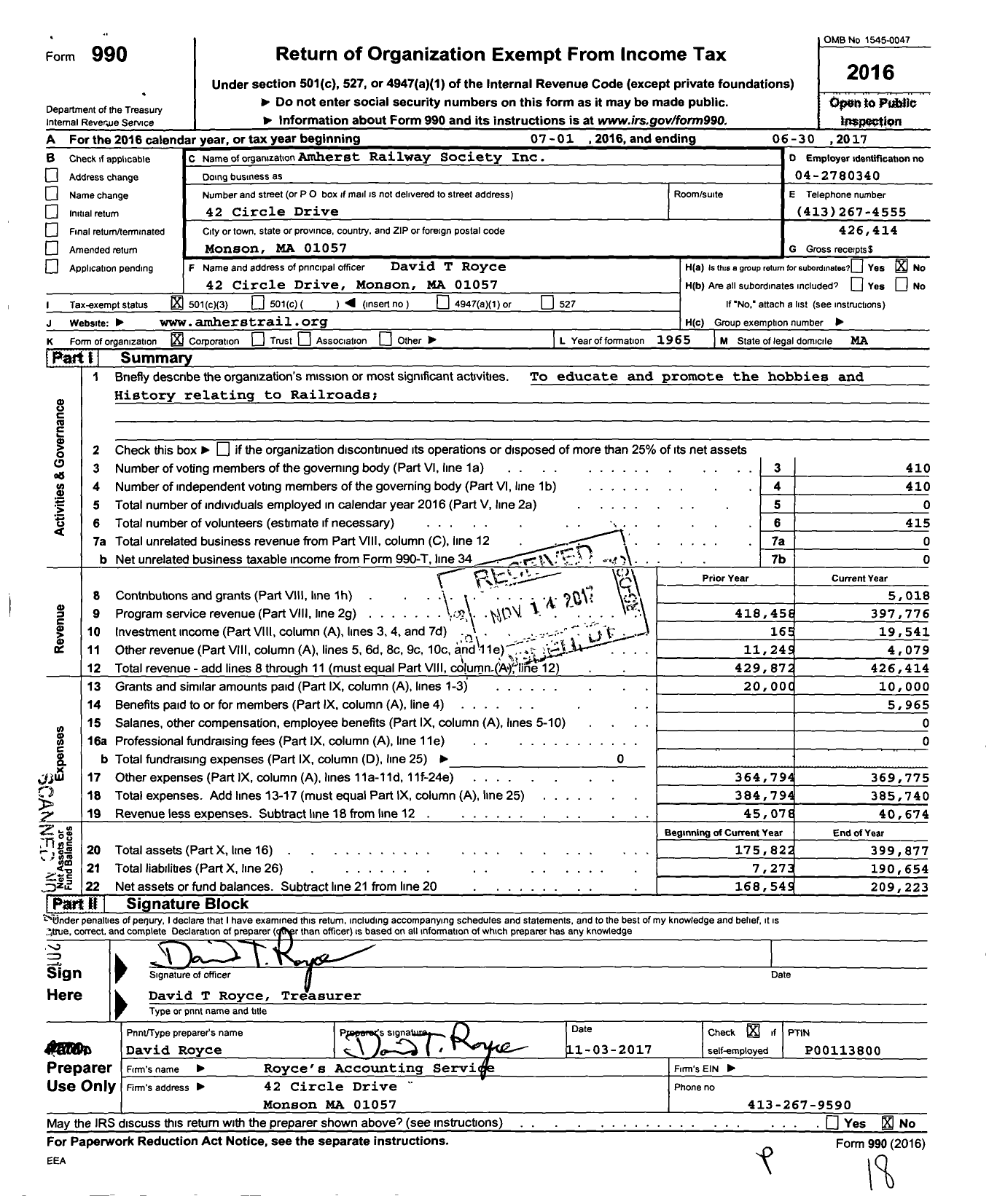 Image of first page of 2016 Form 990 for Amherst Railway Society