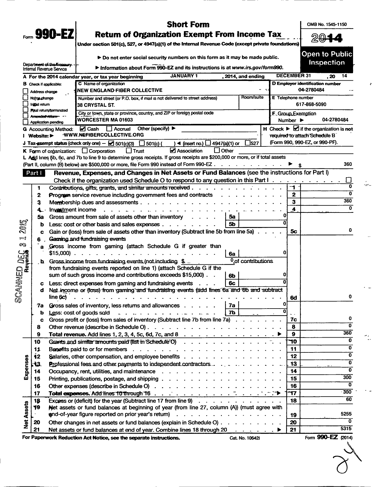 Image of first page of 2014 Form 990EZ for New England Fiber Collective