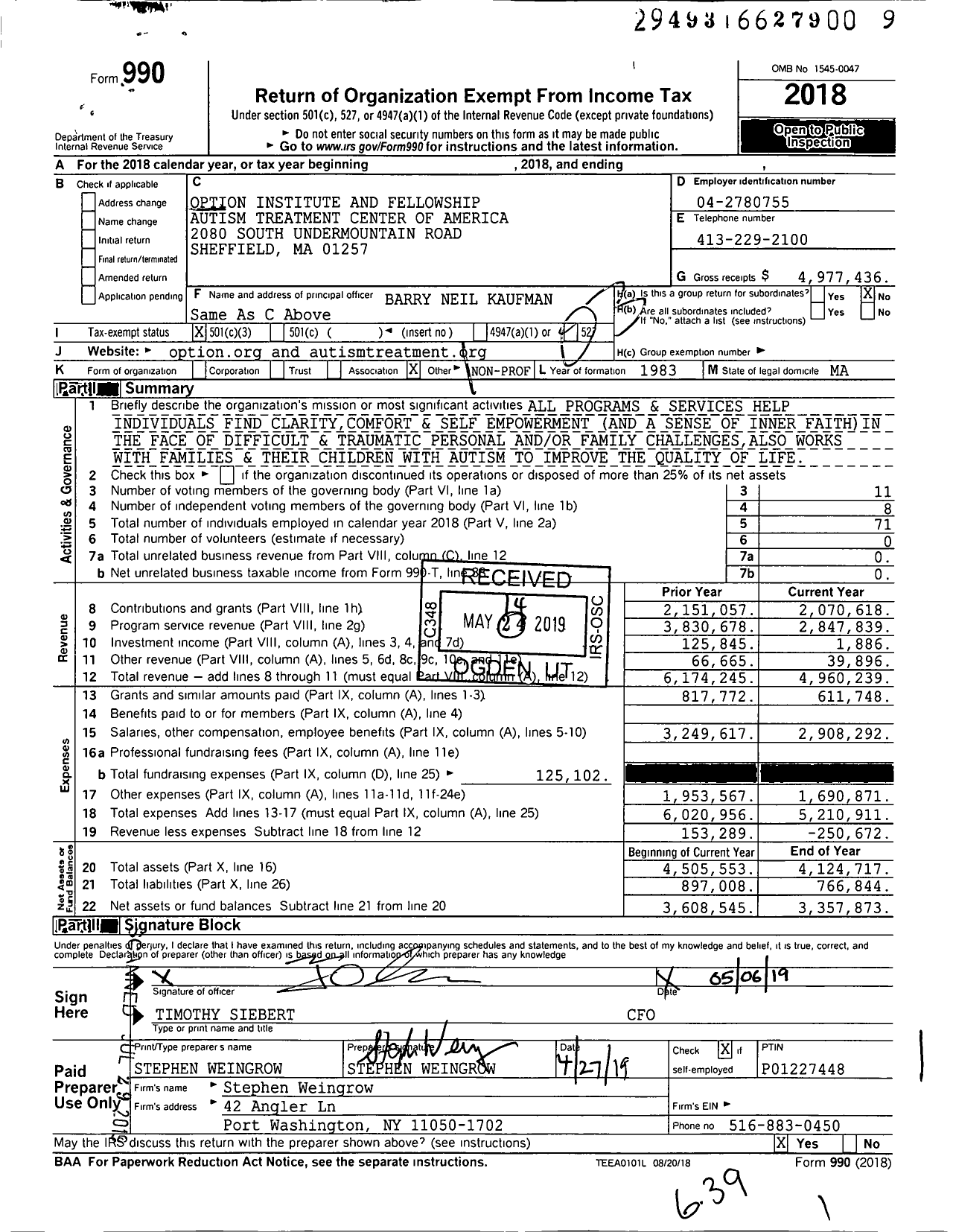 Image of first page of 2018 Form 990 for The Option Institute