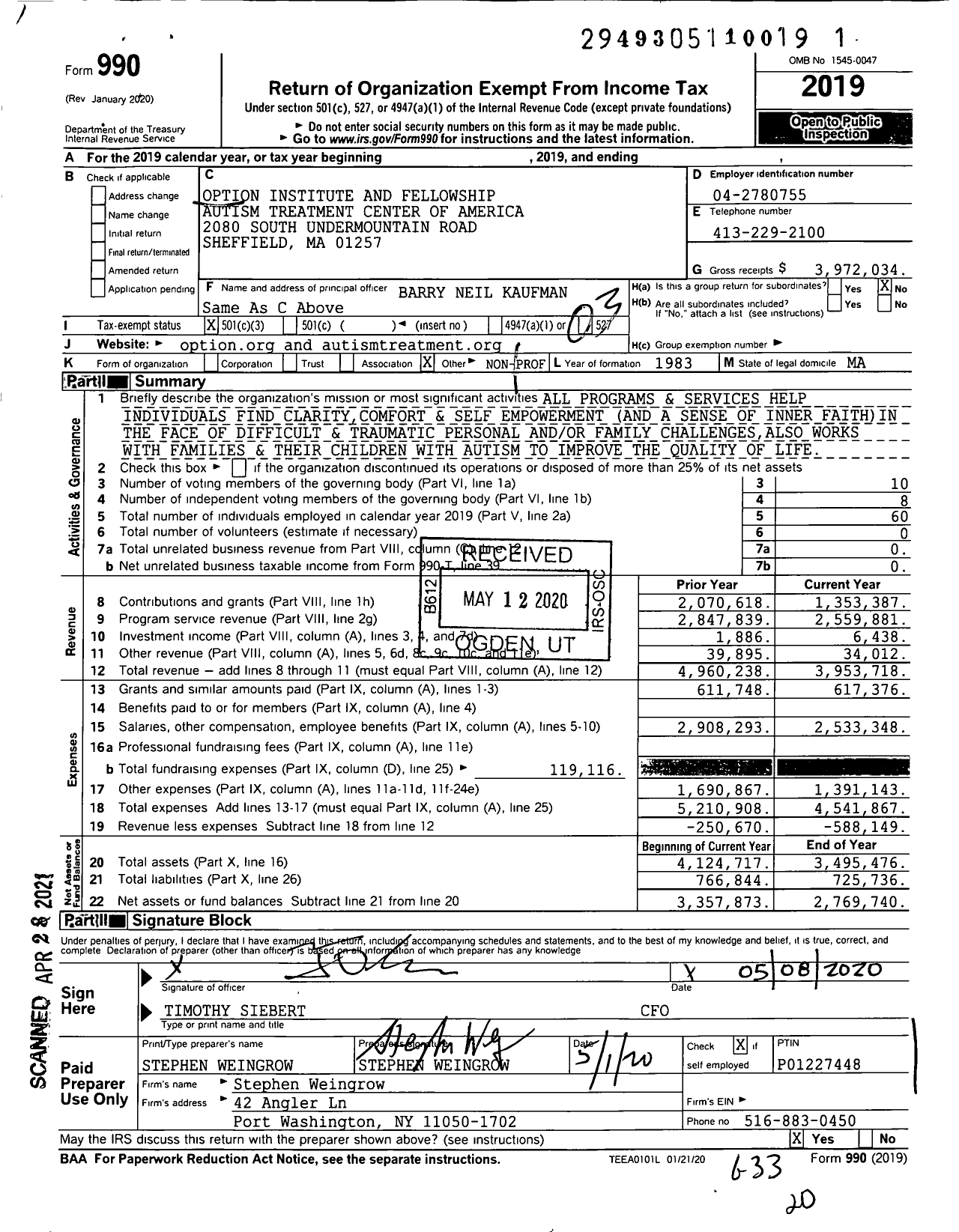 Image of first page of 2019 Form 990 for The Option Institute