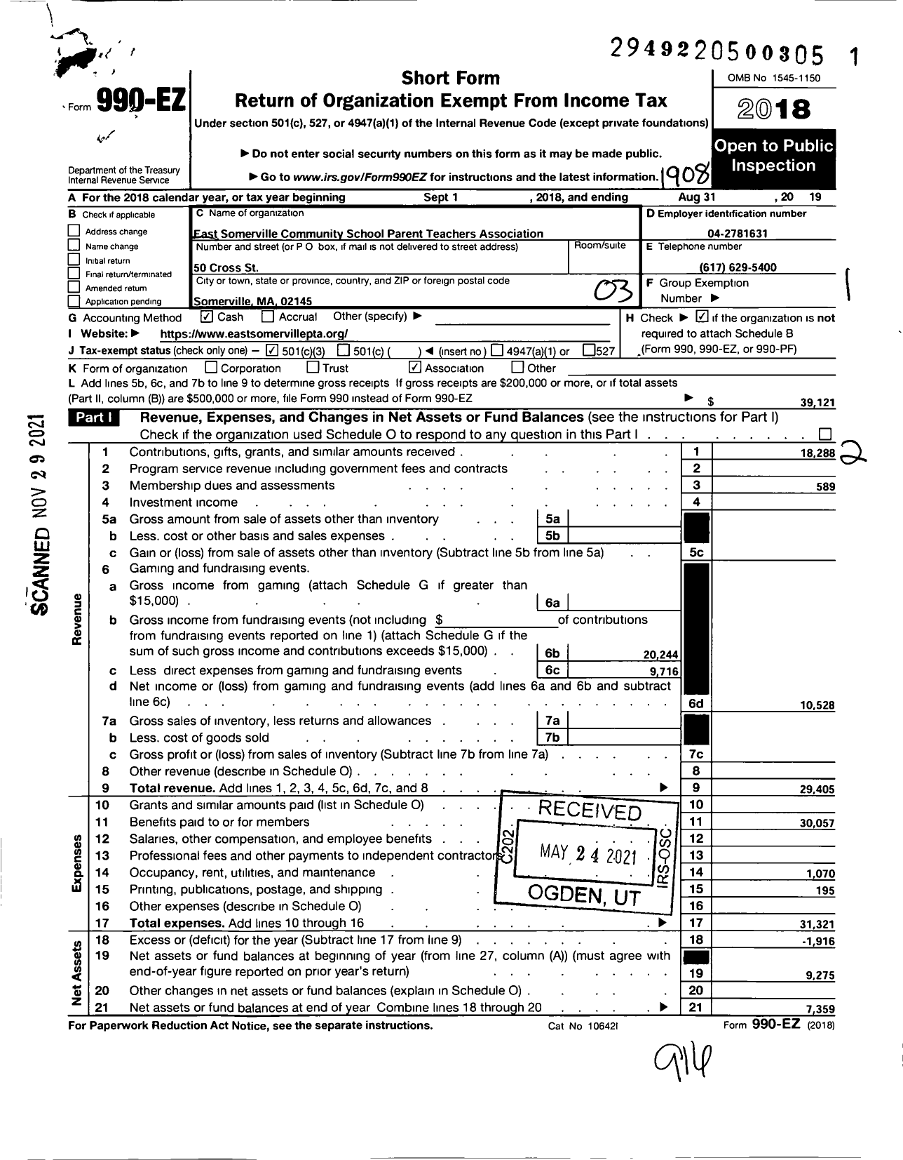 Image of first page of 2018 Form 990EZ for PTA Massachusetts Parent-Teacher Association / East Somerville Comm School PTA