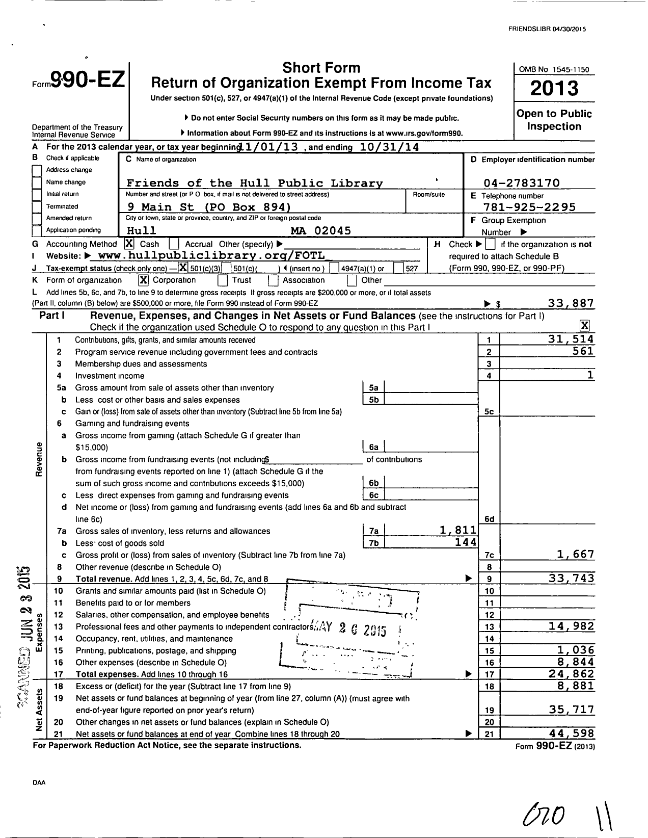 Image of first page of 2013 Form 990EZ for Friends of Hull Public Library