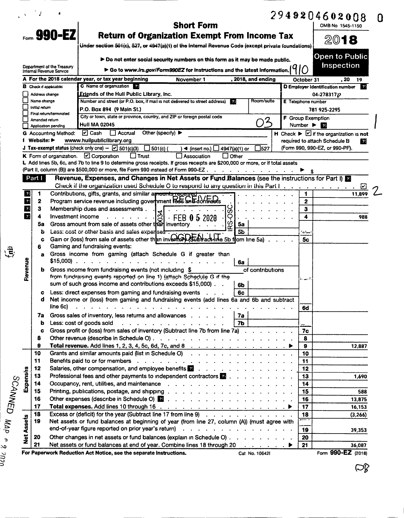 Image of first page of 2018 Form 990EZ for Friends of Hull Public Library