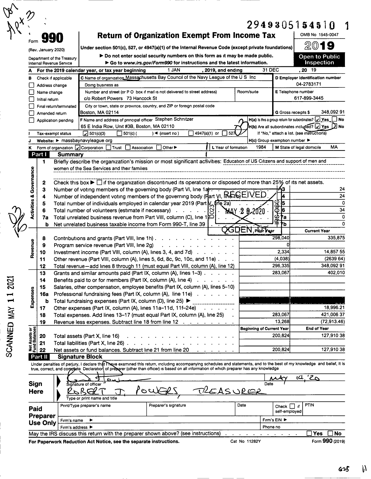 Image of first page of 2019 Form 990 for Massachusetts Bay Councilnavy League of the United States