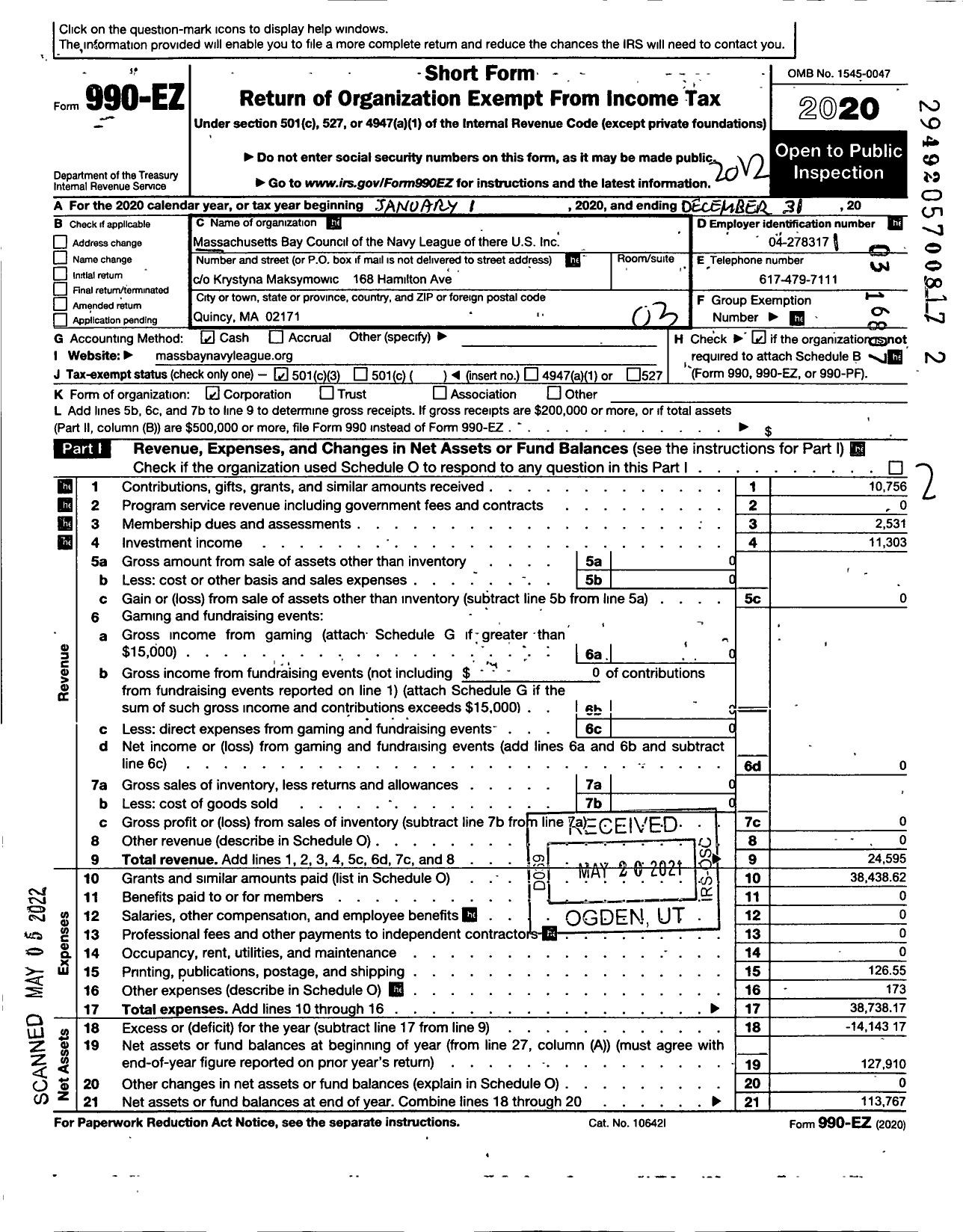 Image of first page of 2020 Form 990EZ for Navy League of the United States Massachusetts Bay Council