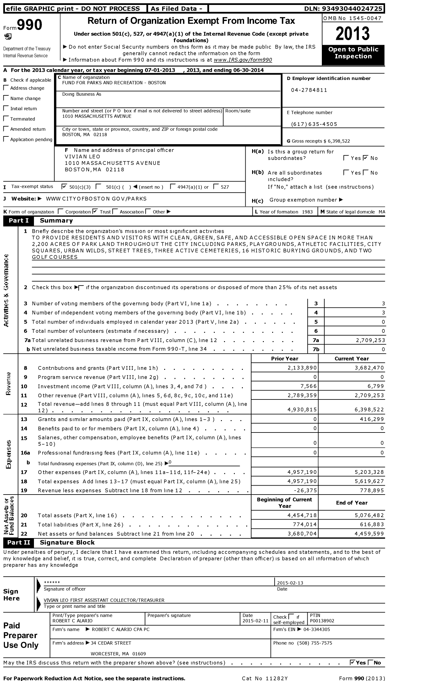 Image of first page of 2013 Form 990 for Fund for Parks and Recreation in Boston