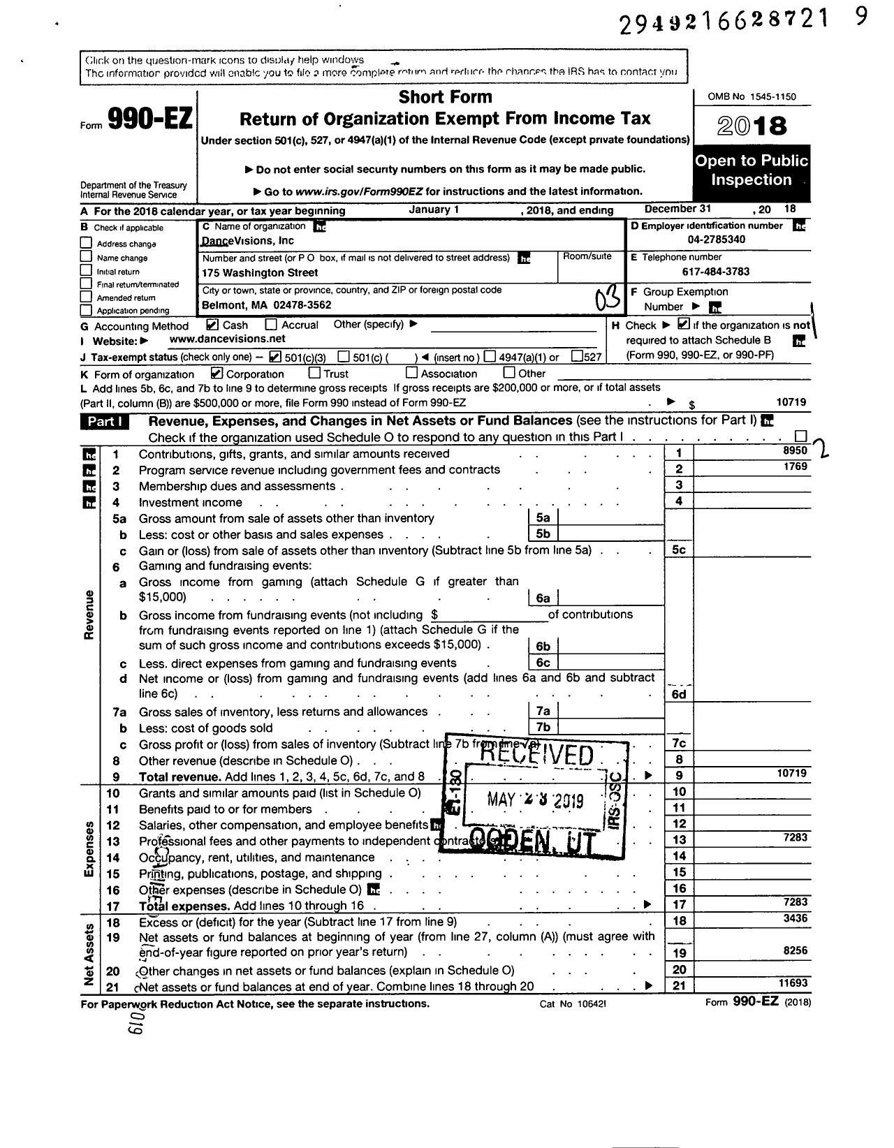 Image of first page of 2018 Form 990EZ for Dancevisions