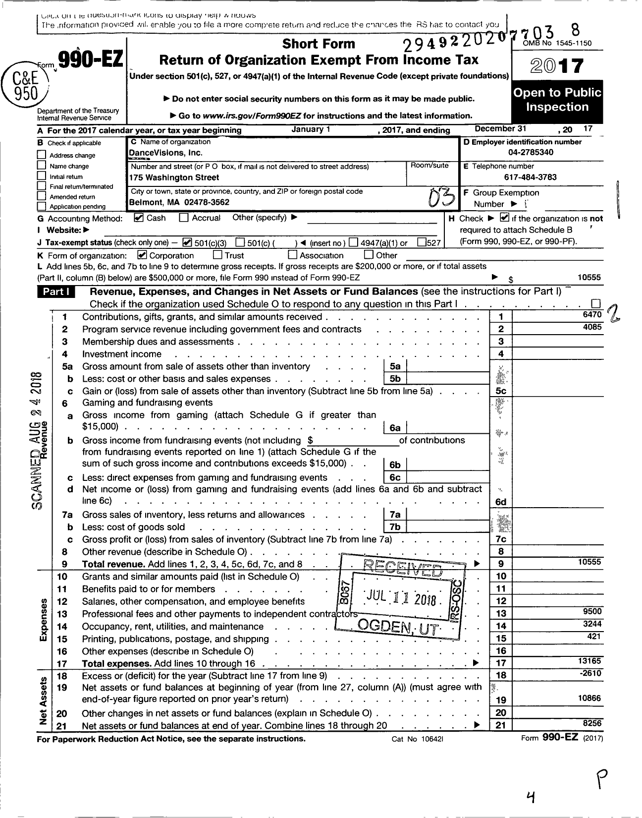 Image of first page of 2017 Form 990EZ for Dancevisions