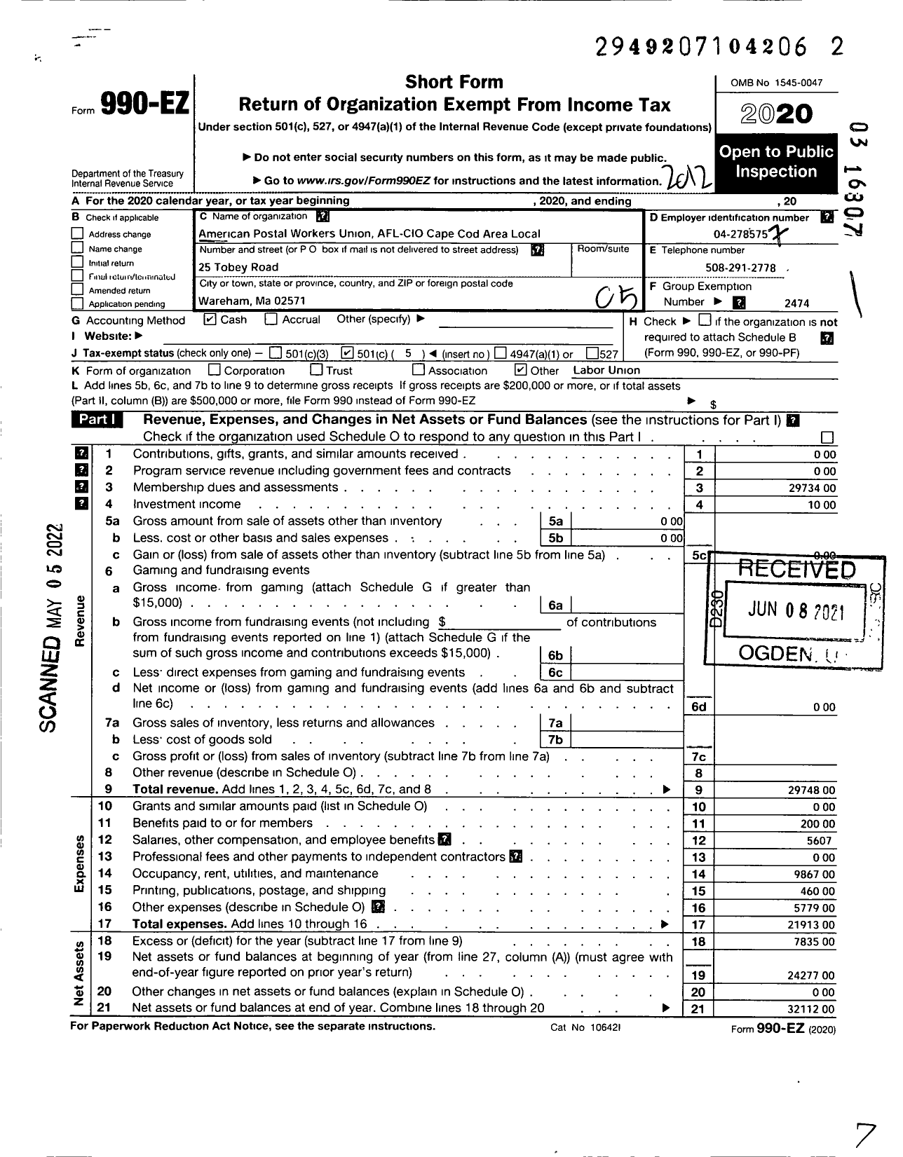 Image of first page of 2020 Form 990EO for American Postal Workers Union - 6005 Cape Cod Area Local