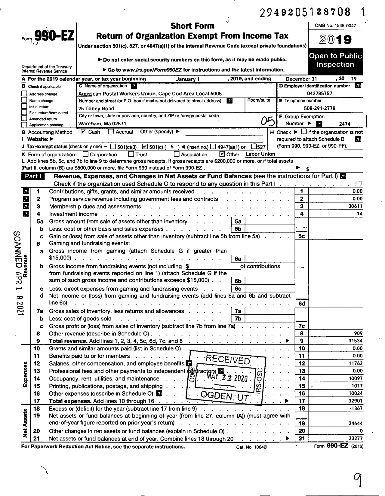 Image of first page of 2019 Form 990EO for American Postal Workers Union - 6005 Cape Cod Area Local