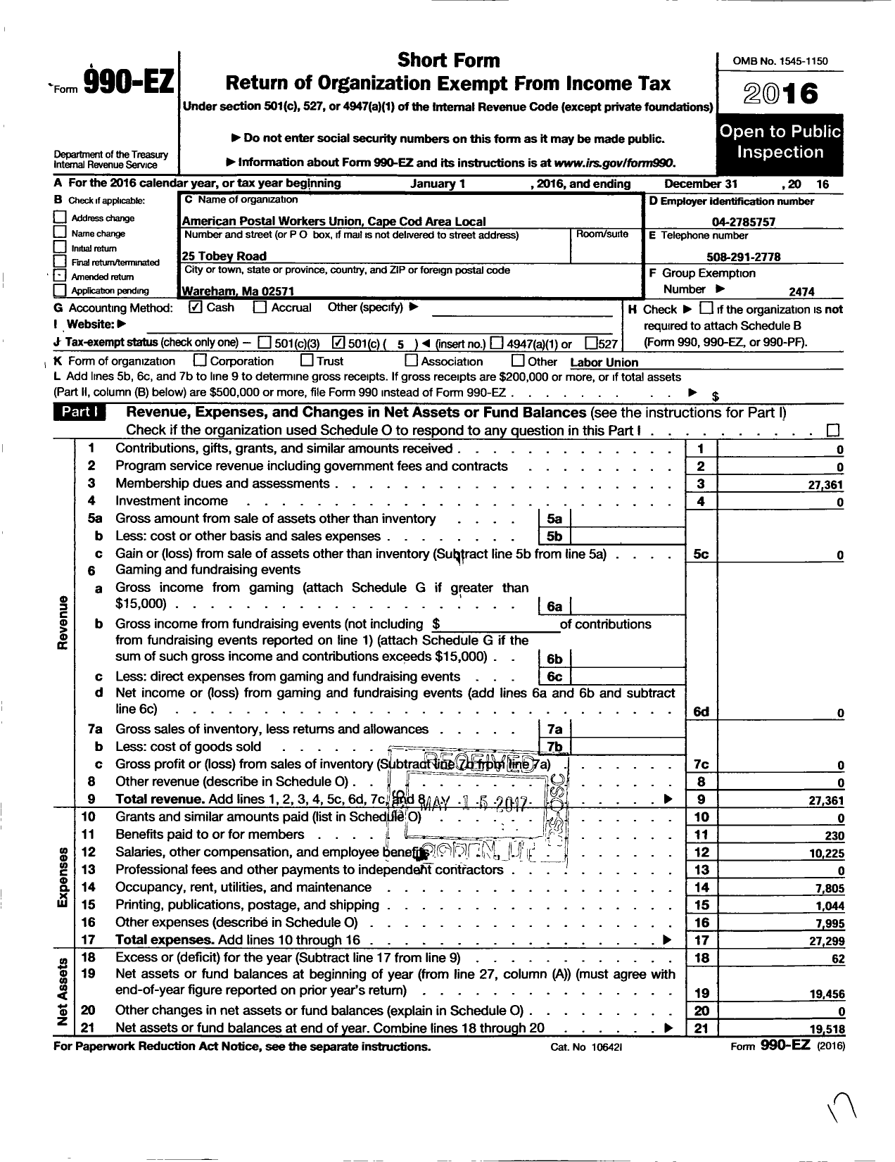 Image of first page of 2016 Form 990EO for American Postal Workers Union - 6005 Cape Cod Area Local