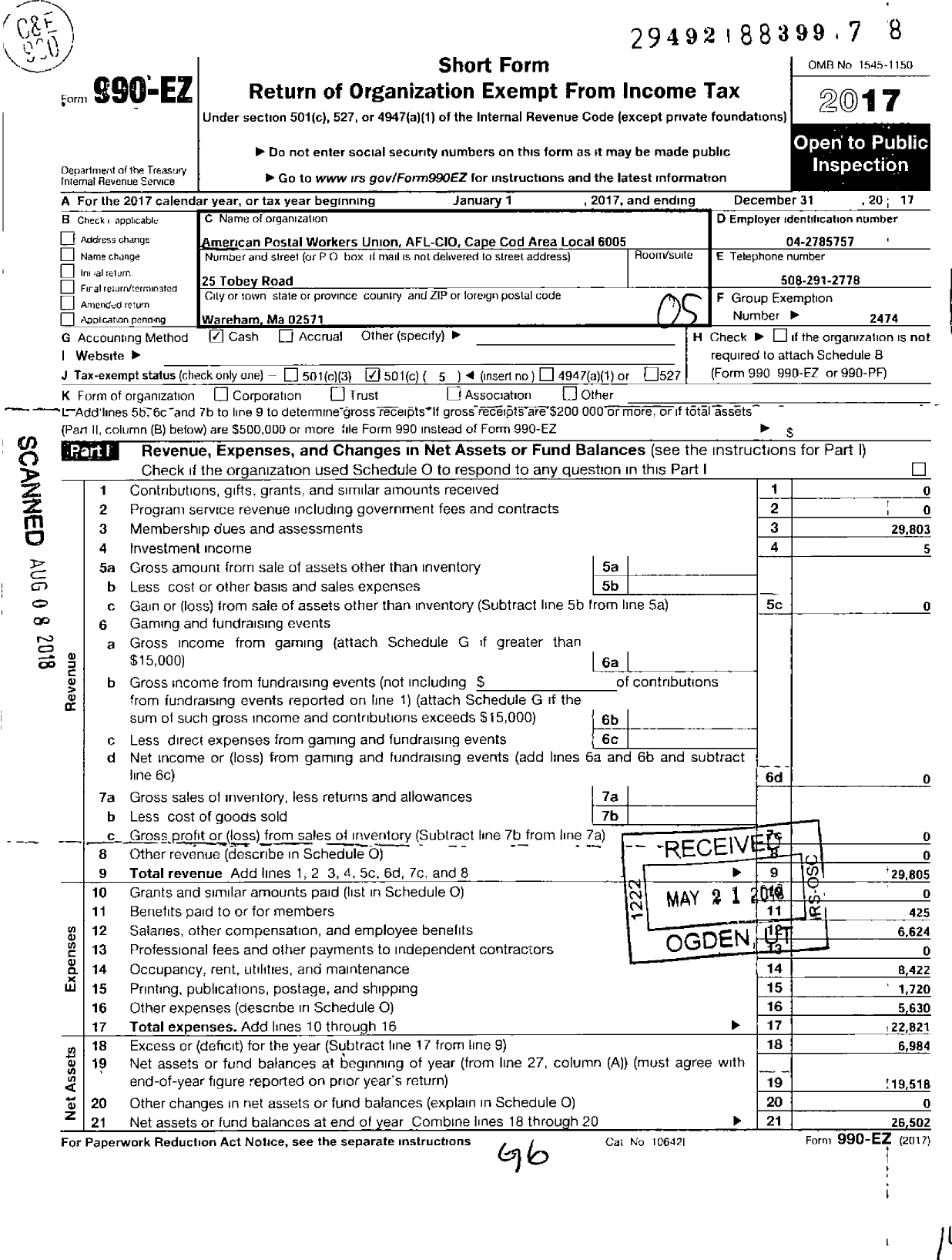 Image of first page of 2017 Form 990EO for American Postal Workers Union - 6005 Cape Cod Area Local