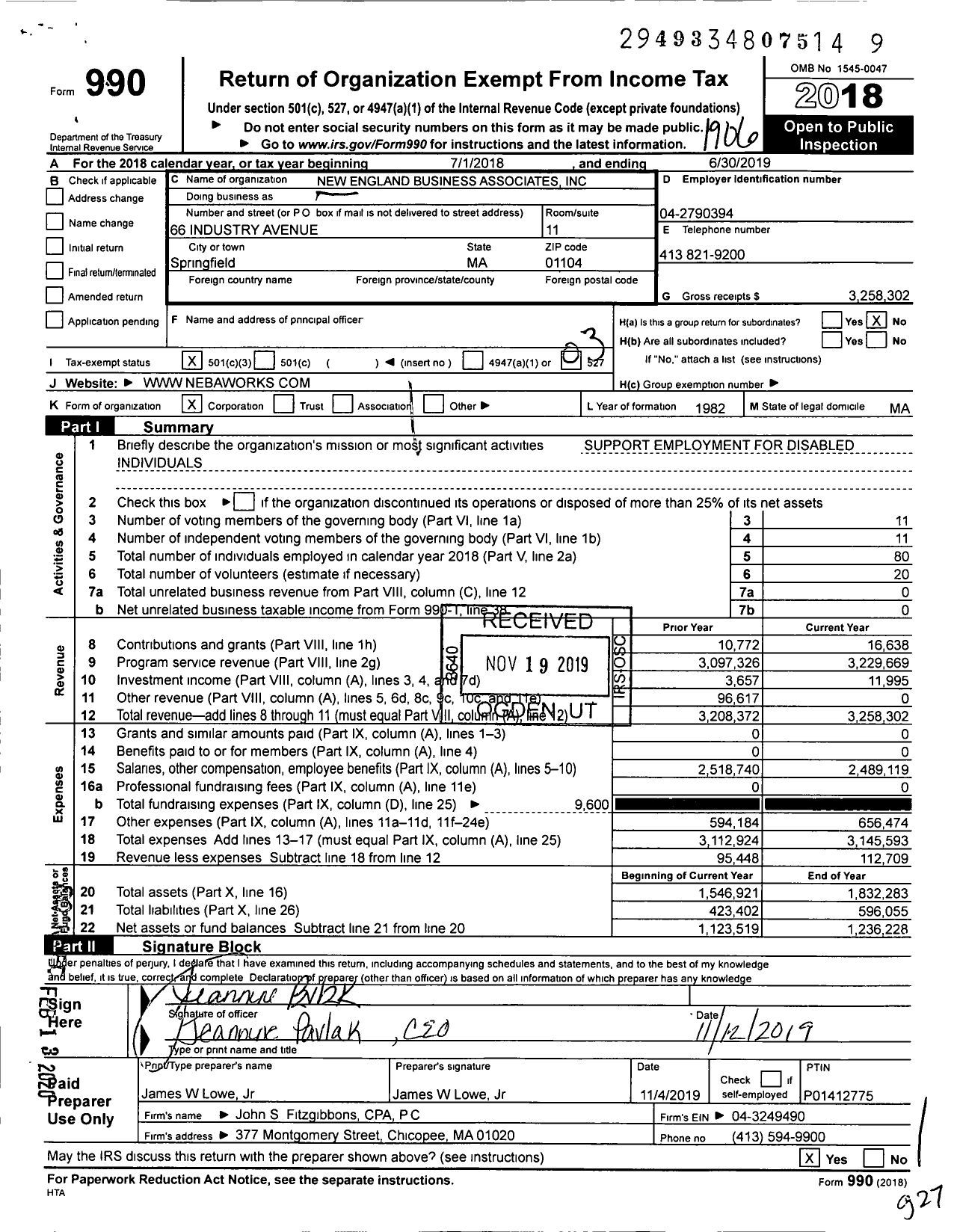 Image of first page of 2018 Form 990 for New England Business Associates