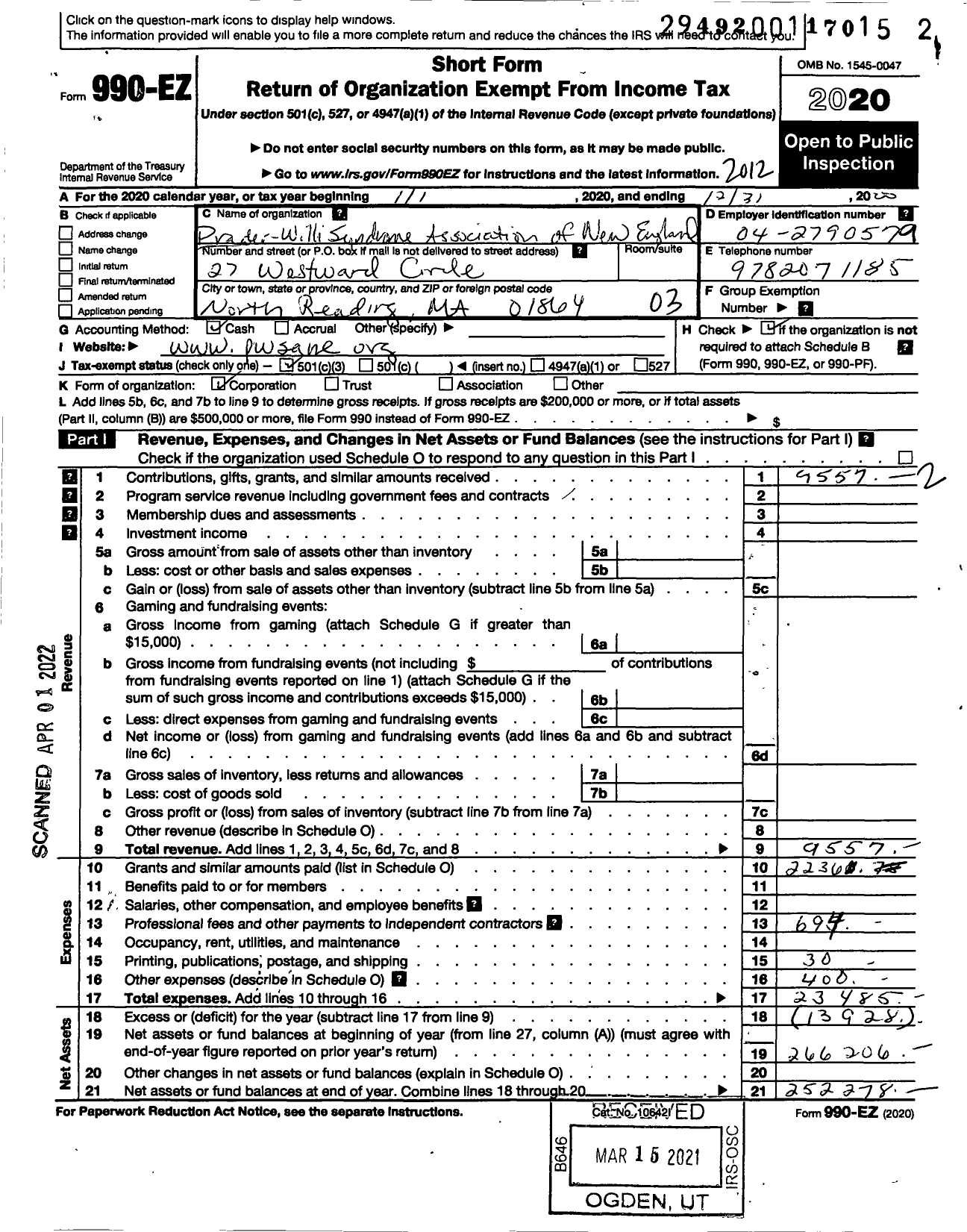 Image of first page of 2020 Form 990EZ for Prader Willi Association of New England