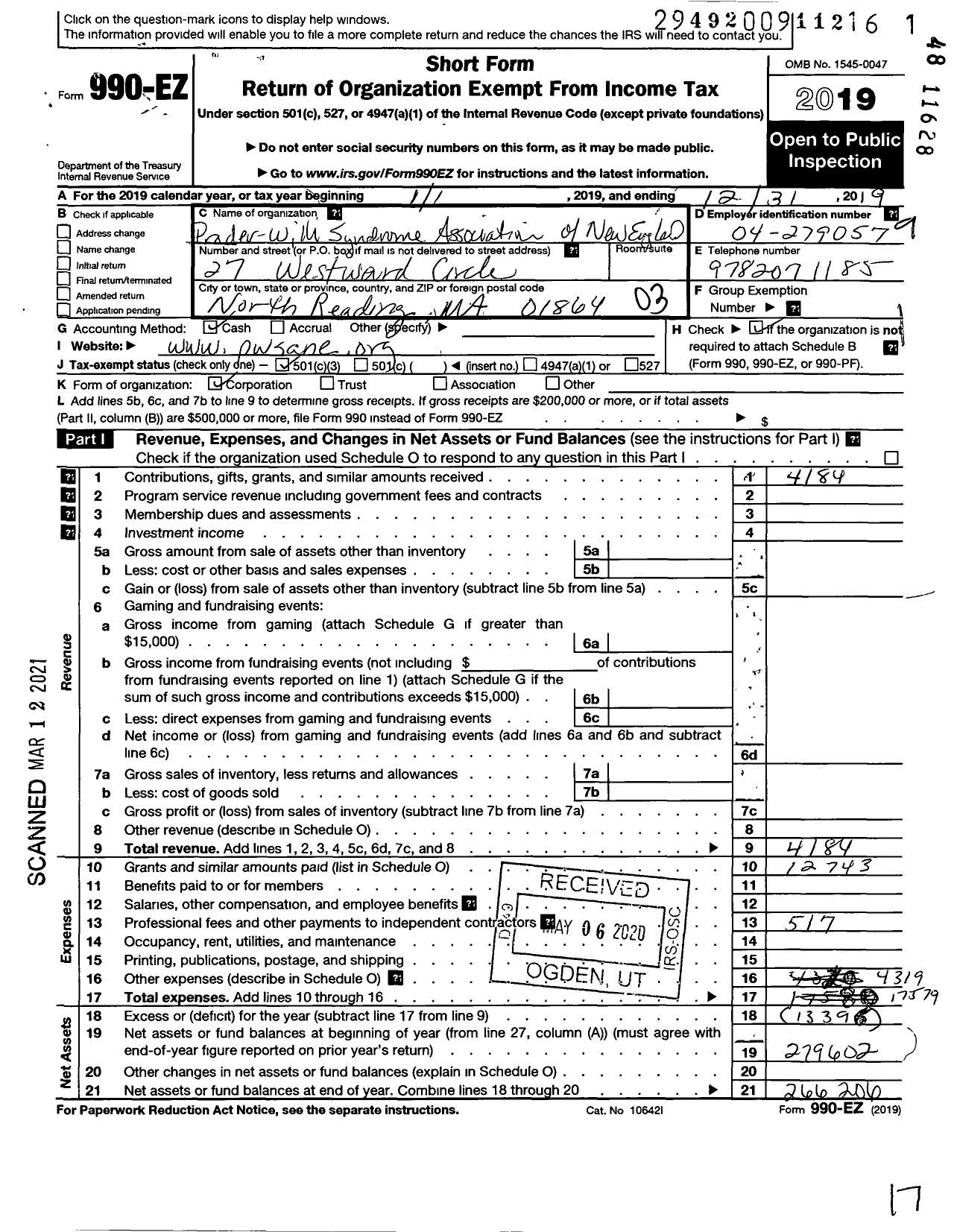 Image of first page of 2019 Form 990EZ for Prader Willi Association of New England