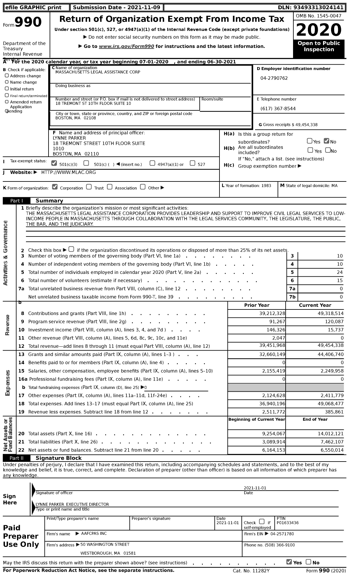 Image of first page of 2020 Form 990 for Massachusetts Legal Assistance Corporation (MLAC)