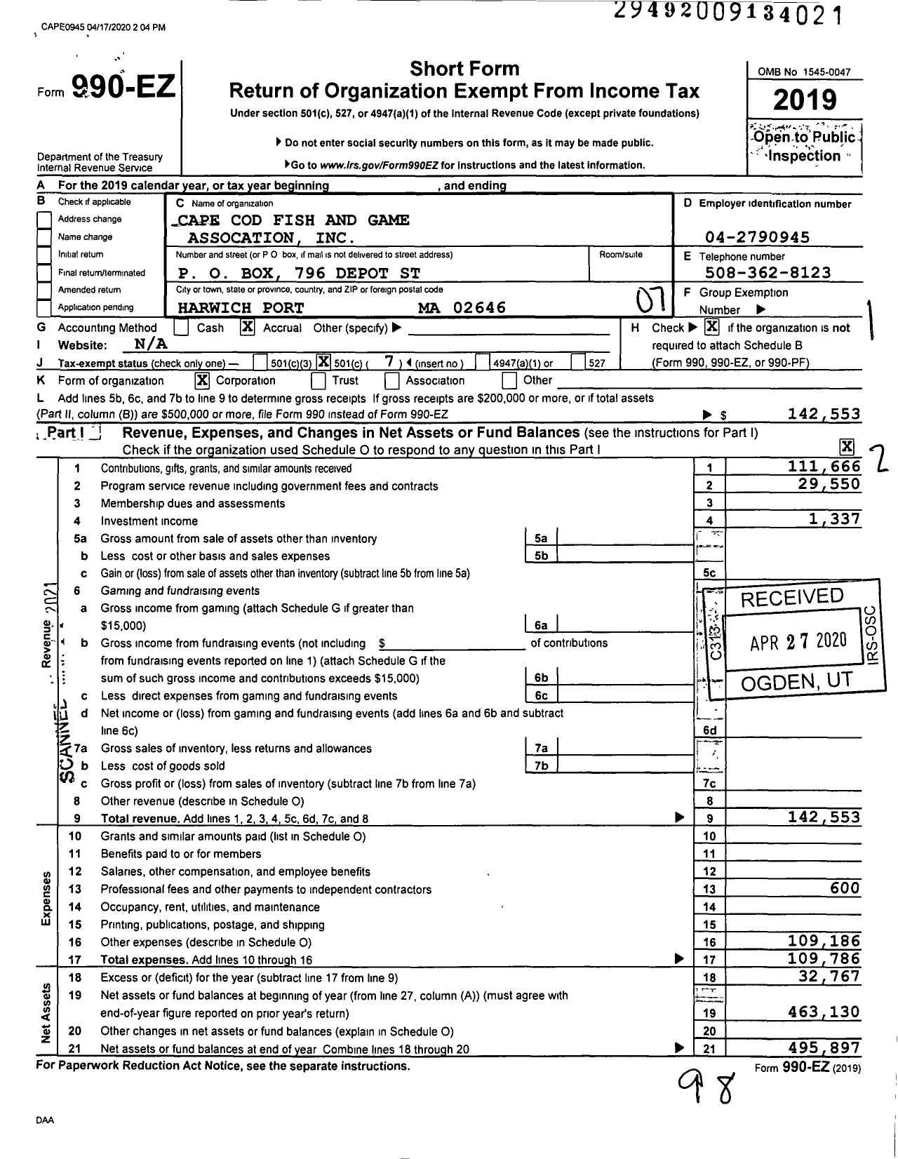 Image of first page of 2019 Form 990EO for Cape Cod Fish and Game Assocation