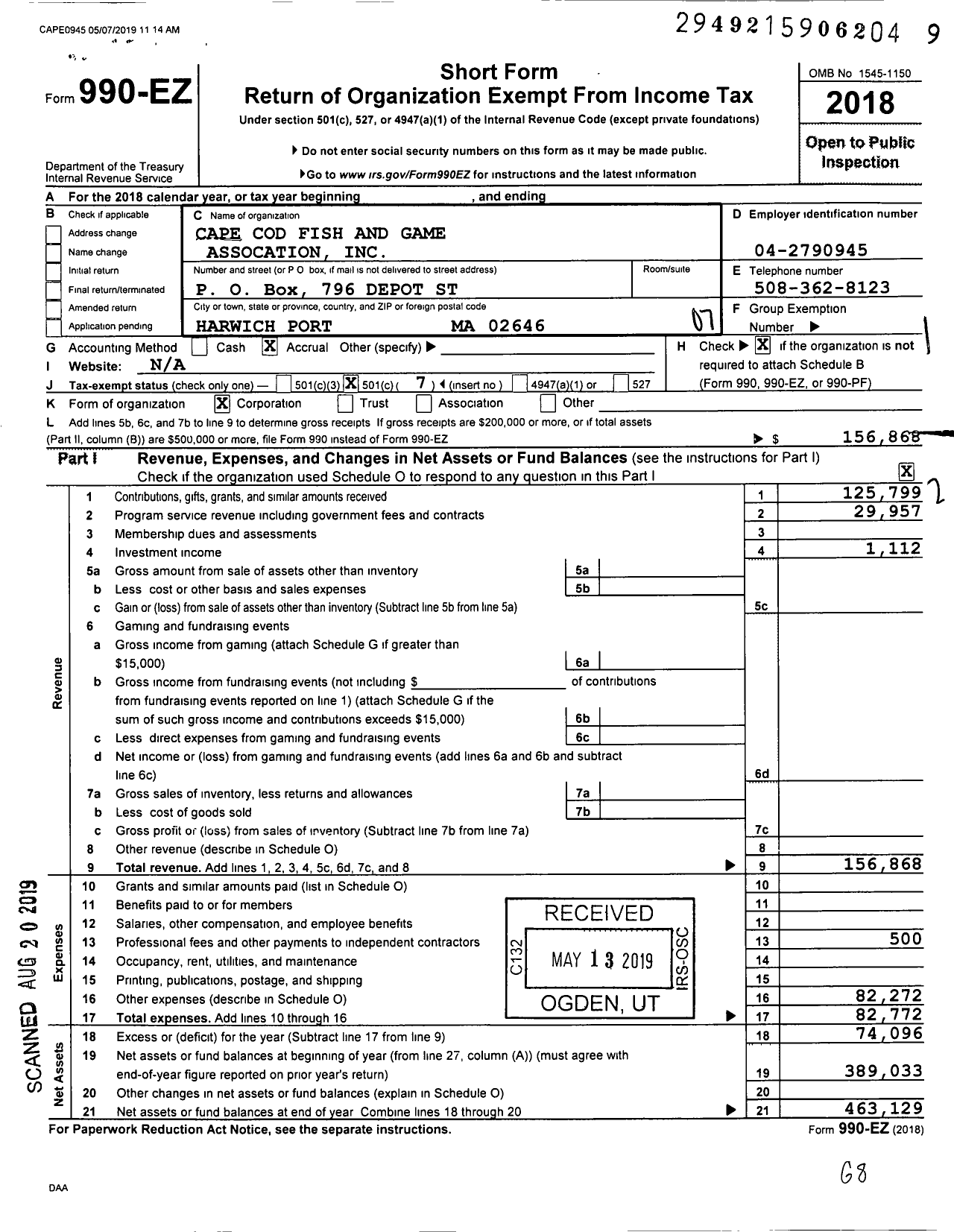 Image of first page of 2018 Form 990EO for Cape Cod Fish and Game Assocation