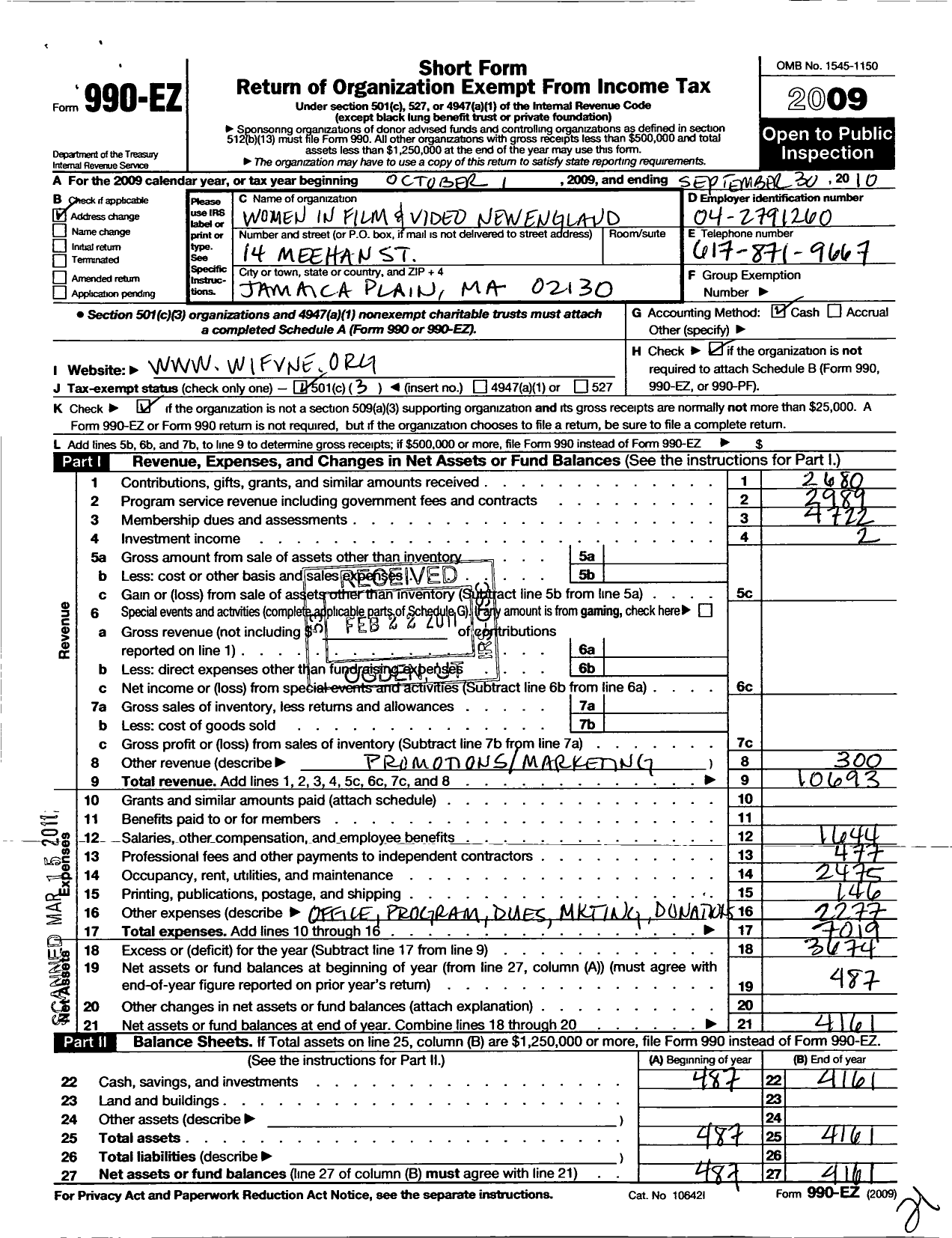 Image of first page of 2009 Form 990EZ for Women in Film and Video New England