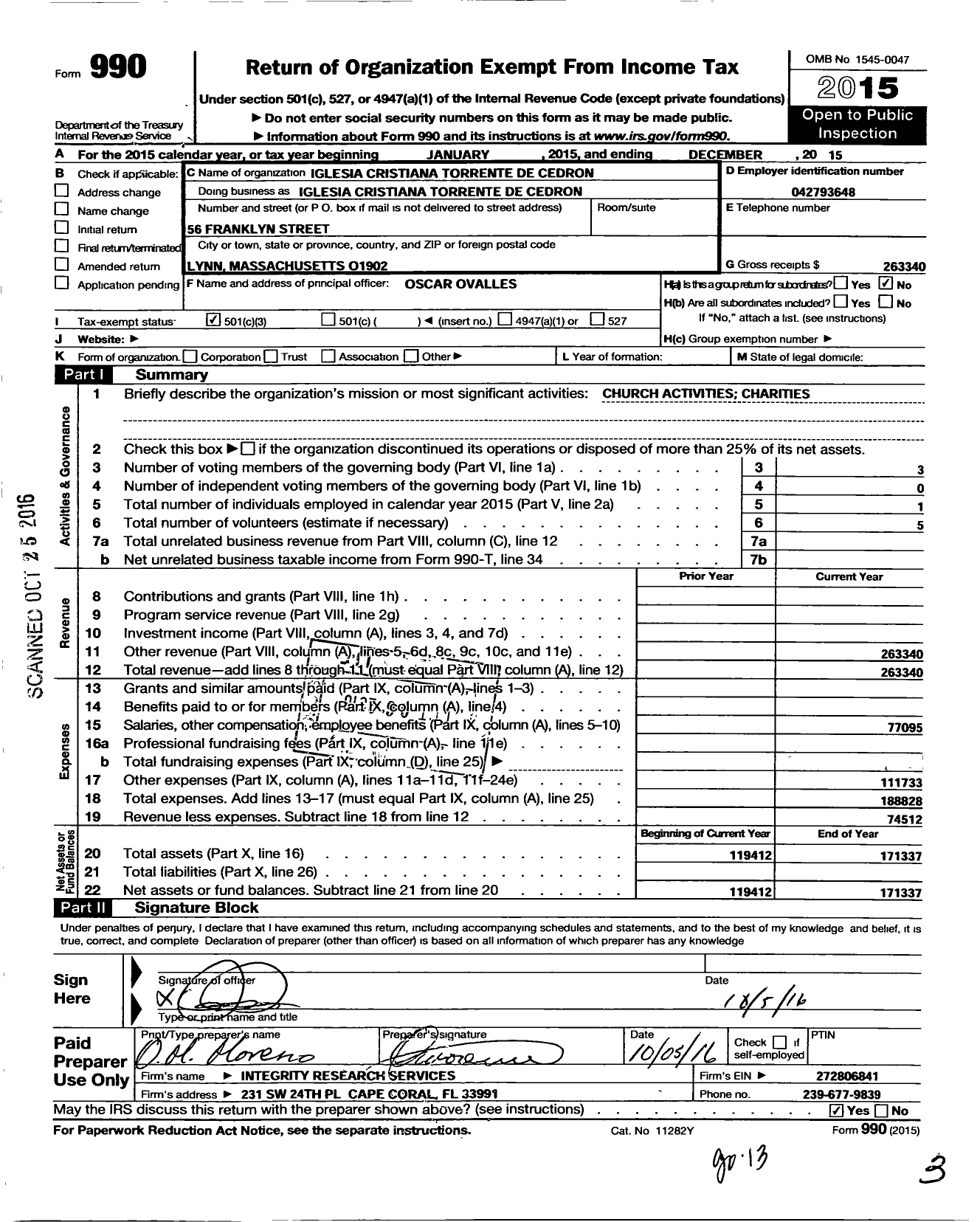 Image of first page of 2015 Form 990 for Iglesia Christiana Torrente de Cedron