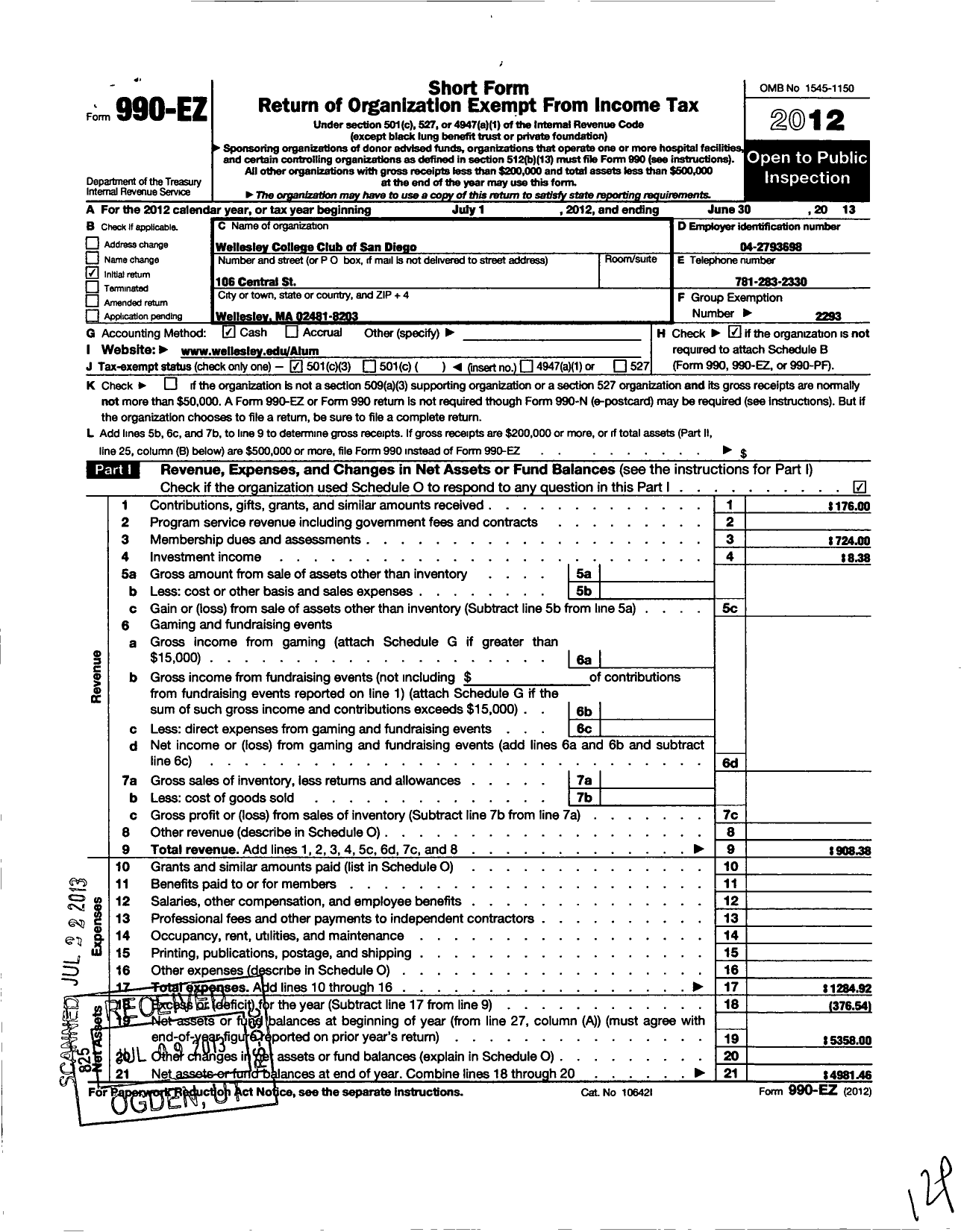 Image of first page of 2012 Form 990EZ for Wellesley College Alumnae Association / Wellesley College Club of San Diego