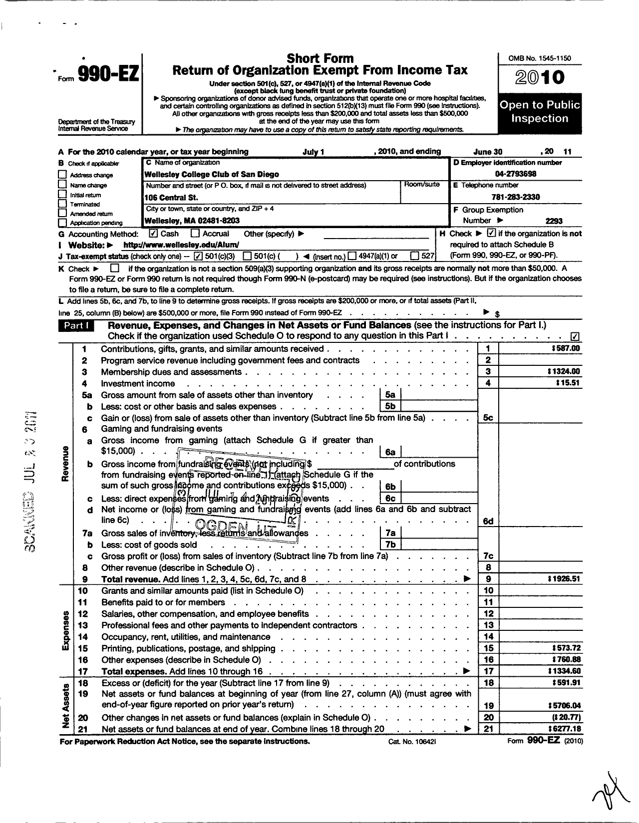 Image of first page of 2010 Form 990EZ for Wellesley College Alumnae Association / Wellesley College Club of San Diego