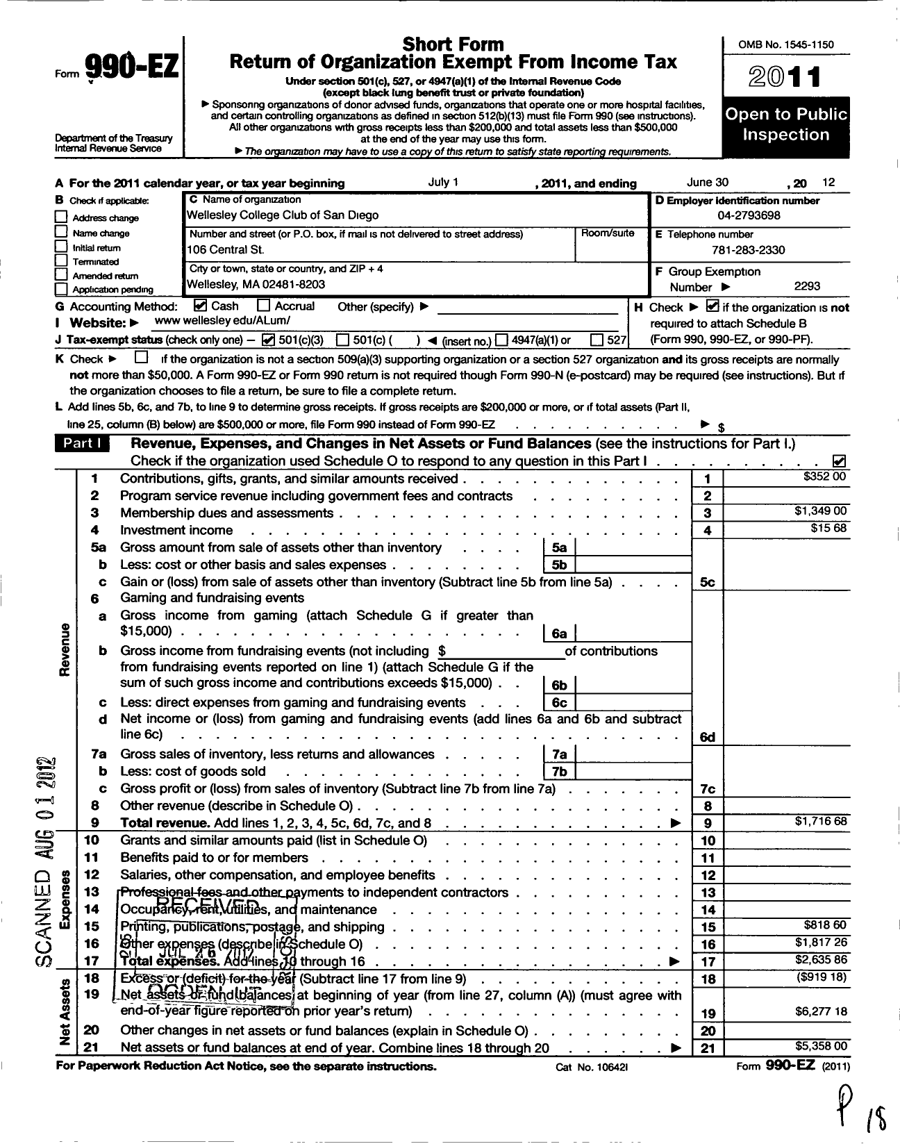 Image of first page of 2011 Form 990EZ for Wellesley College Alumnae Association / Wellesley College Club of San Diego