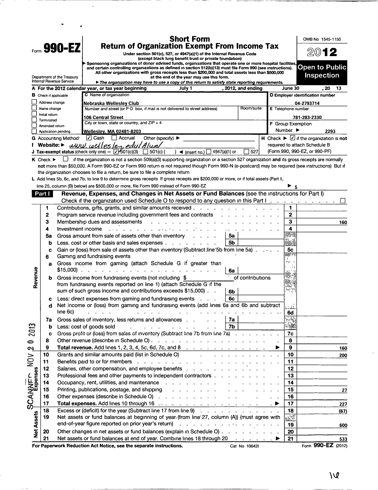 Image of first page of 2012 Form 990EZ for Wellesley College Alumnae Association / Nebraska Wellesley Club