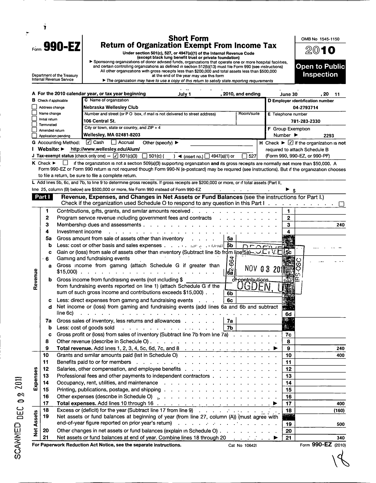 Image of first page of 2010 Form 990EZ for Wellesley College Alumnae Association / Nebraska Wellesley Club