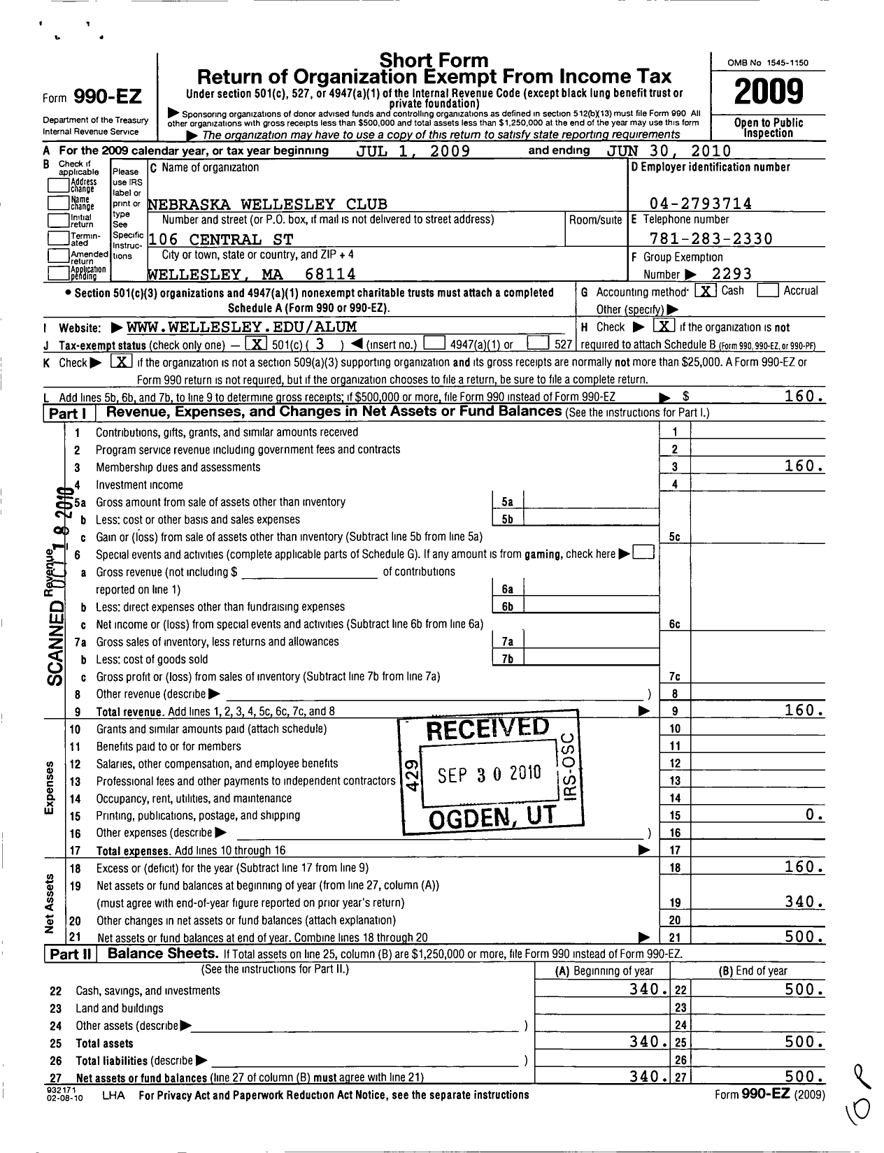 Image of first page of 2009 Form 990EZ for Wellesley College Alumnae Association / Nebraska Wellesley Club