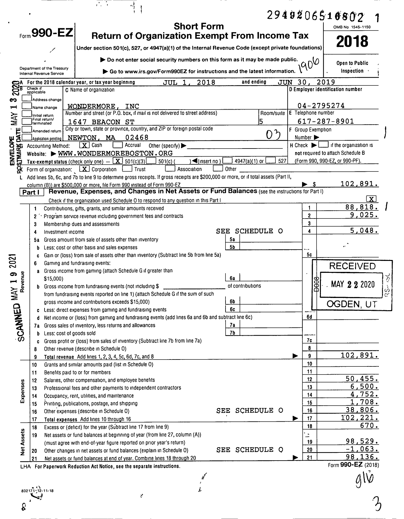 Image of first page of 2018 Form 990EZ for Wondermore