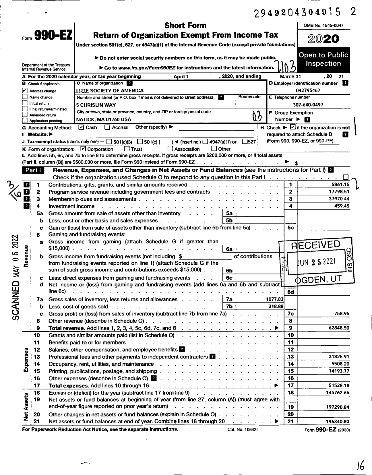 Image of first page of 2020 Form 990EZ for Lute Society of America