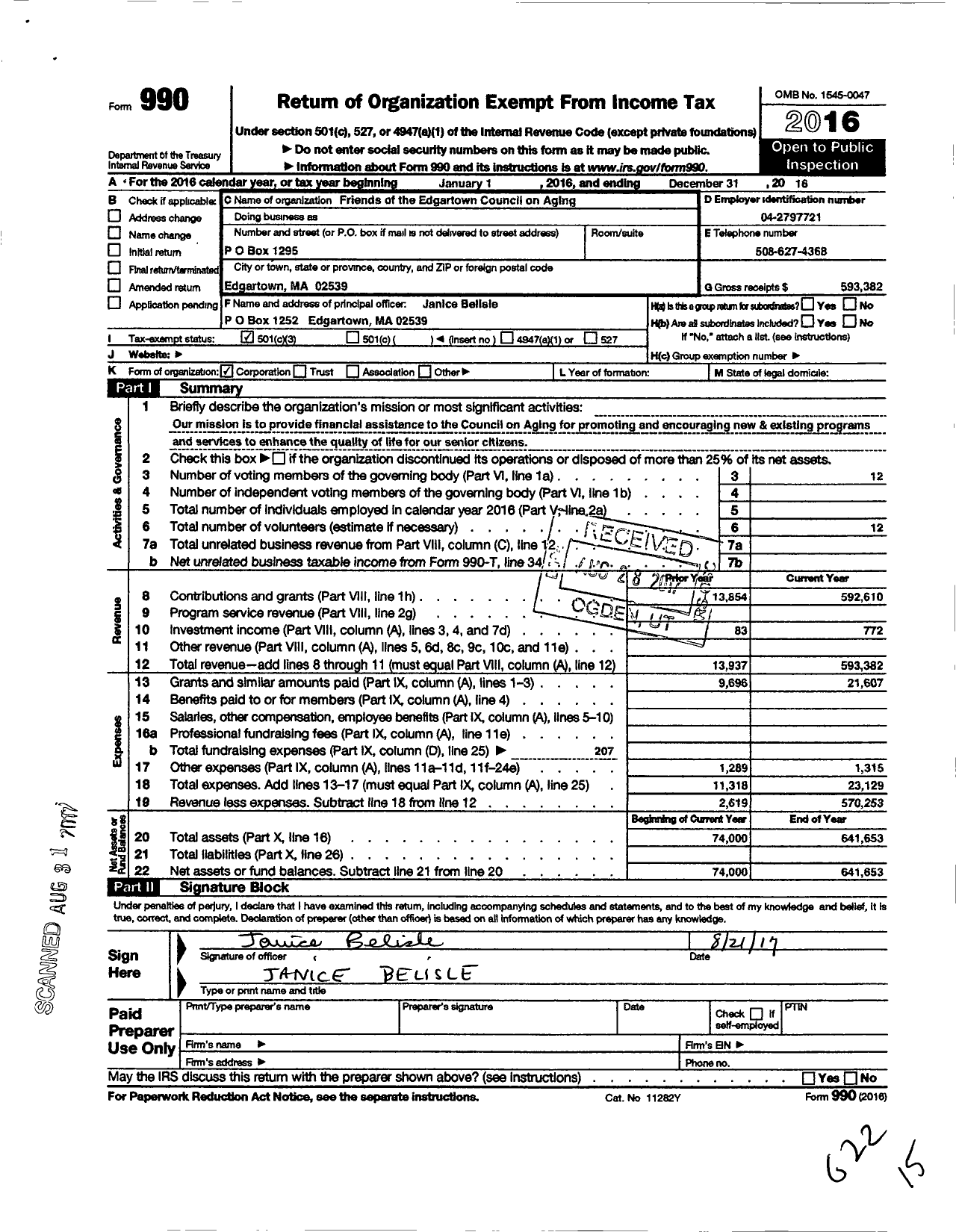 Image of first page of 2016 Form 990 for Friends of Edgartown Council on Aging