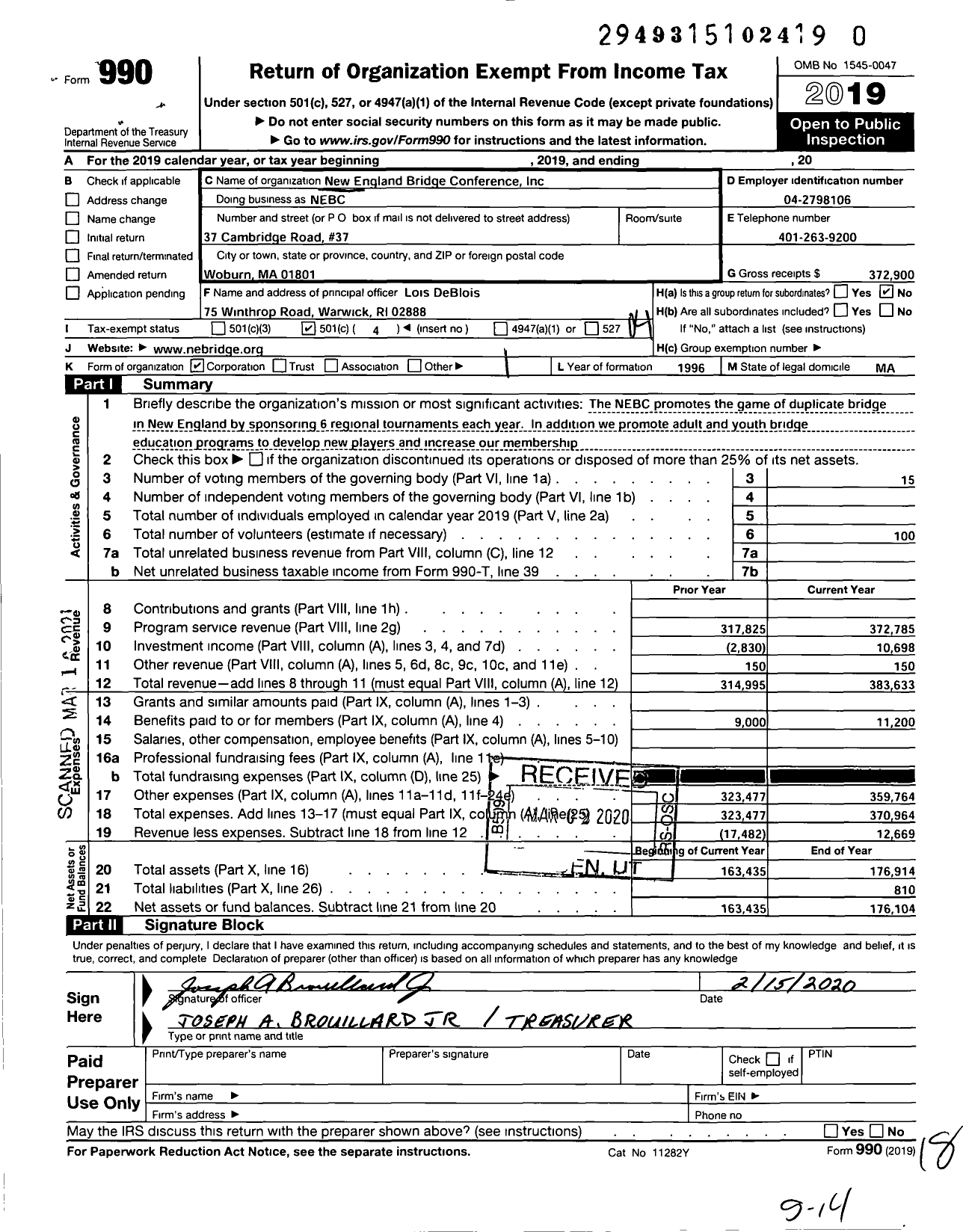 Image of first page of 2019 Form 990O for New England Bridge Conference (NEBC)