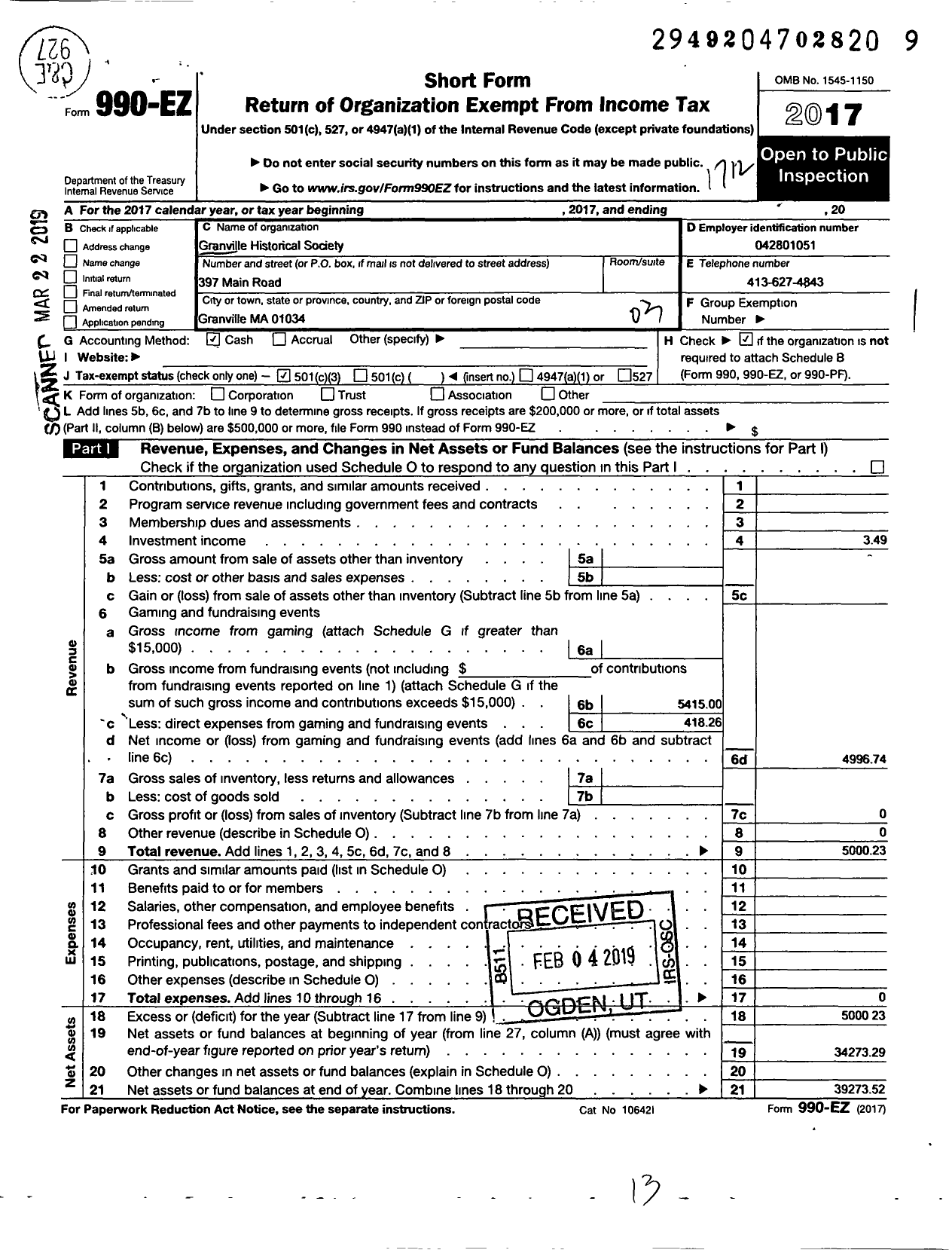 Image of first page of 2017 Form 990EZ for Granville Historical Society