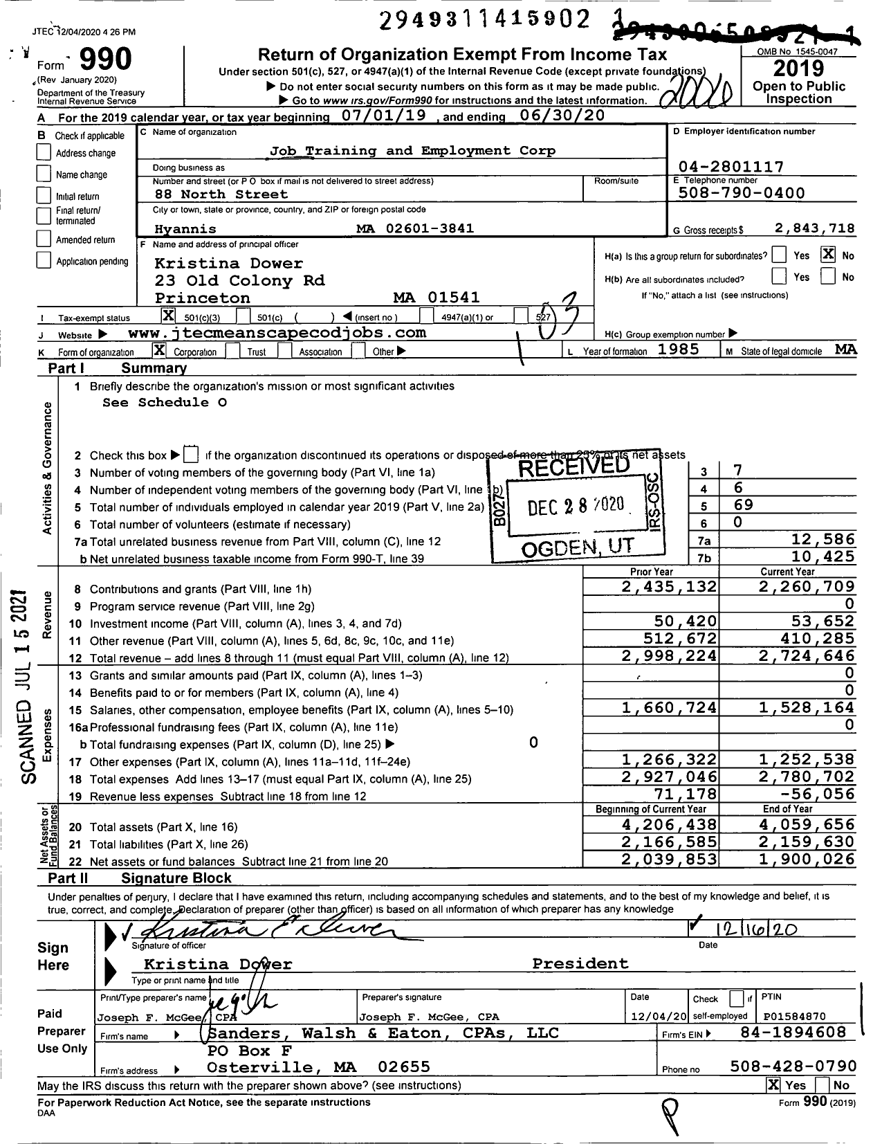 Image of first page of 2019 Form 990 for Job Training and Employment Corporation (JTEC)