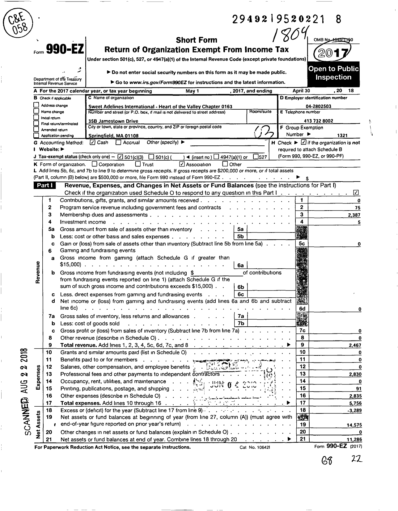 Image of first page of 2017 Form 990EZ for Sweet Adelines International - Heart of the Valley