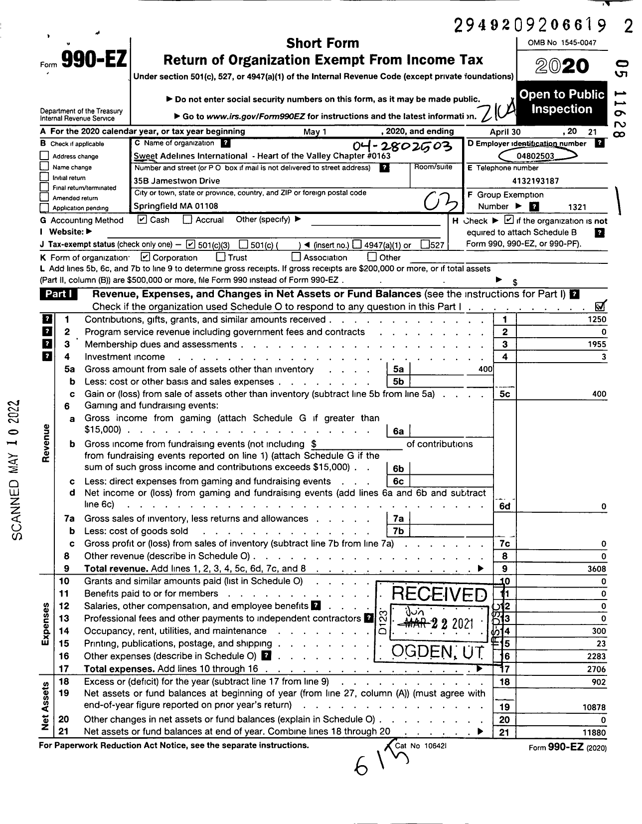 Image of first page of 2020 Form 990EZ for Sweet Adelines International - Heart of the Valley