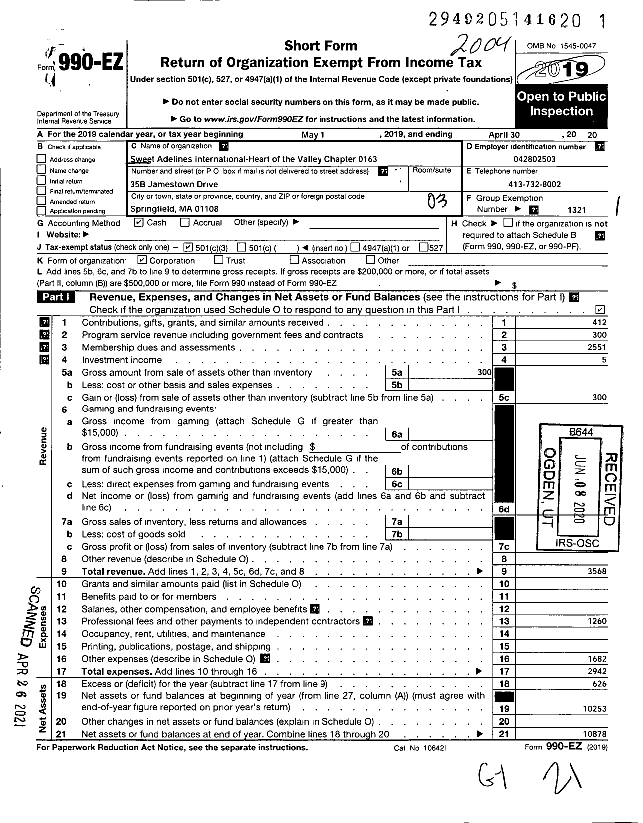 Image of first page of 2019 Form 990EZ for Sweet Adelines International - Heart of the Valley